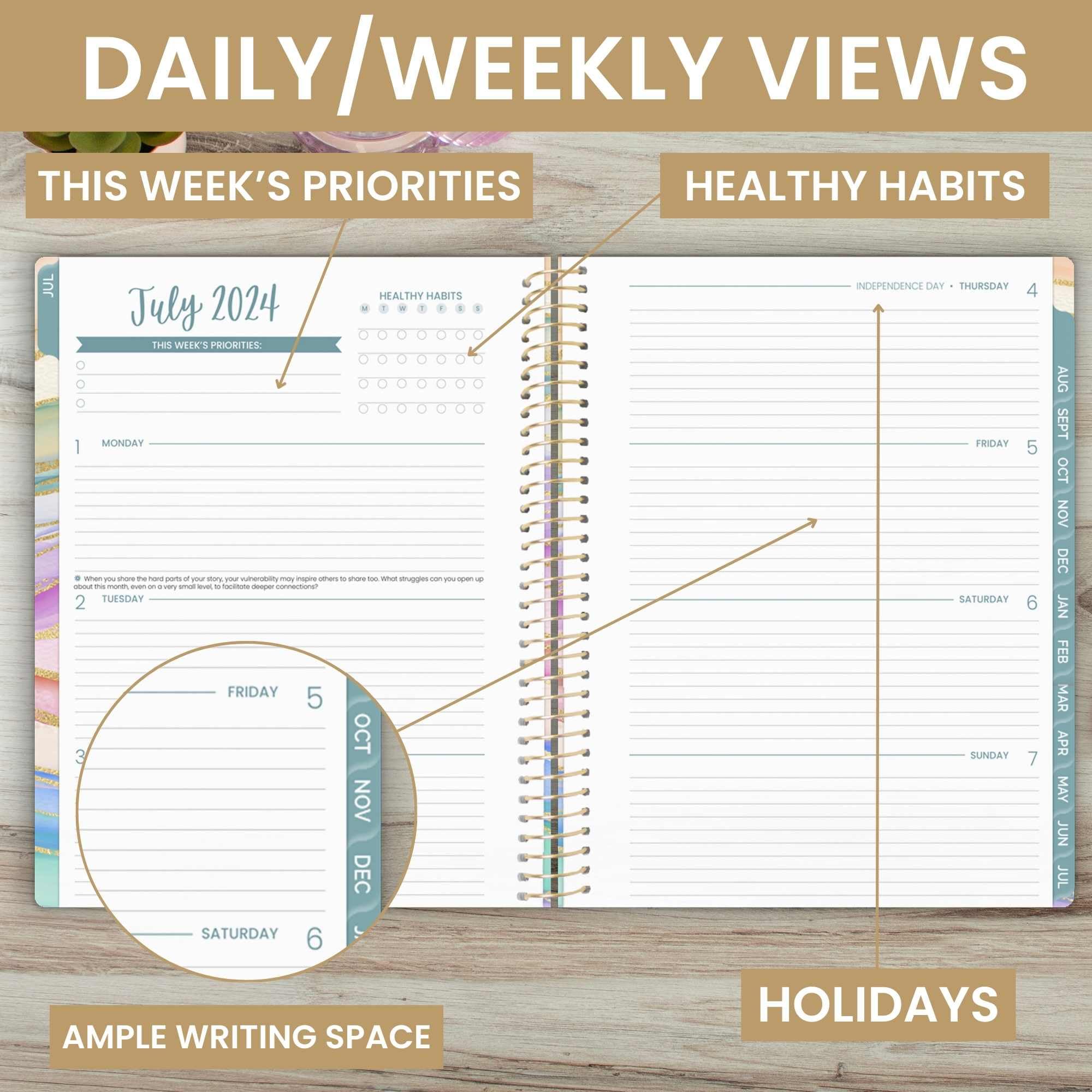 bloom daily planners Agenda 2024-2025 (21,6 x 27,9 cm) (luglio 2024 - luglio 2024) - Agenda settimanale/mensile con linguette e adesivi, motivo onde acquerellabili