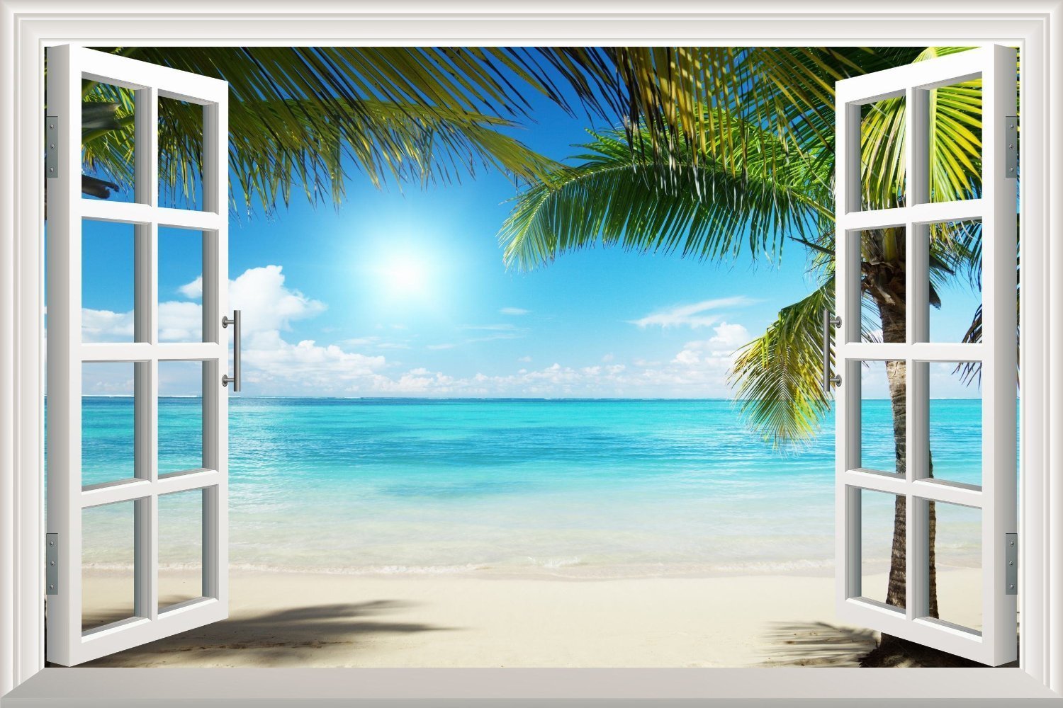 wall26 White Sand Beach with Palm Tree Open Window Wall Mural, Removable Sticker, Home Decor - 36x48 inches