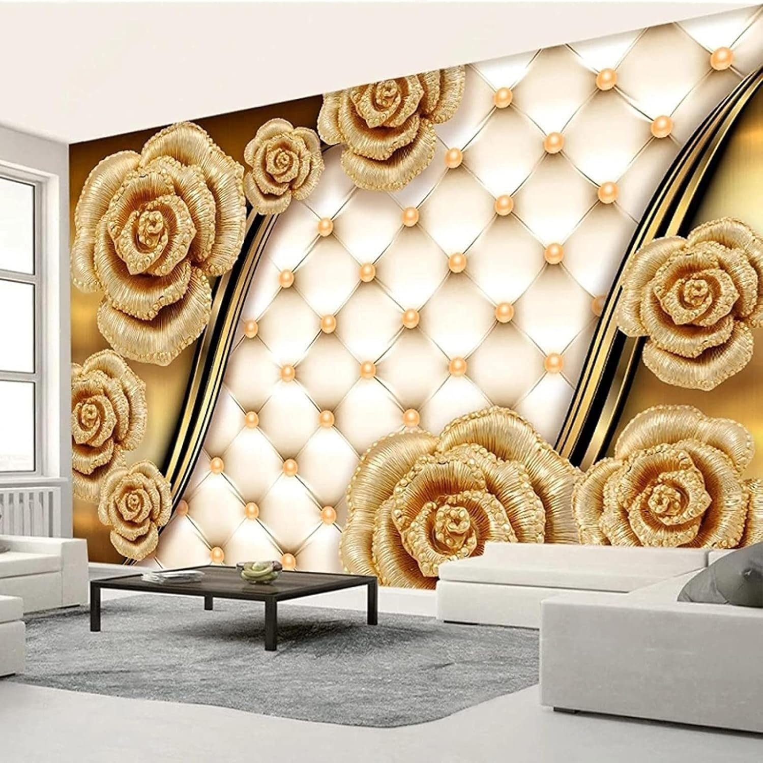 Modern Large Peony Flower 3D Photo Wallpaper Mural, Gold Floral Imitation Pearls Mural Wallpaper, Wall Decor for Living Room Bedroom Study TV Background Mural - 78.7"x 55.1"(W x H)