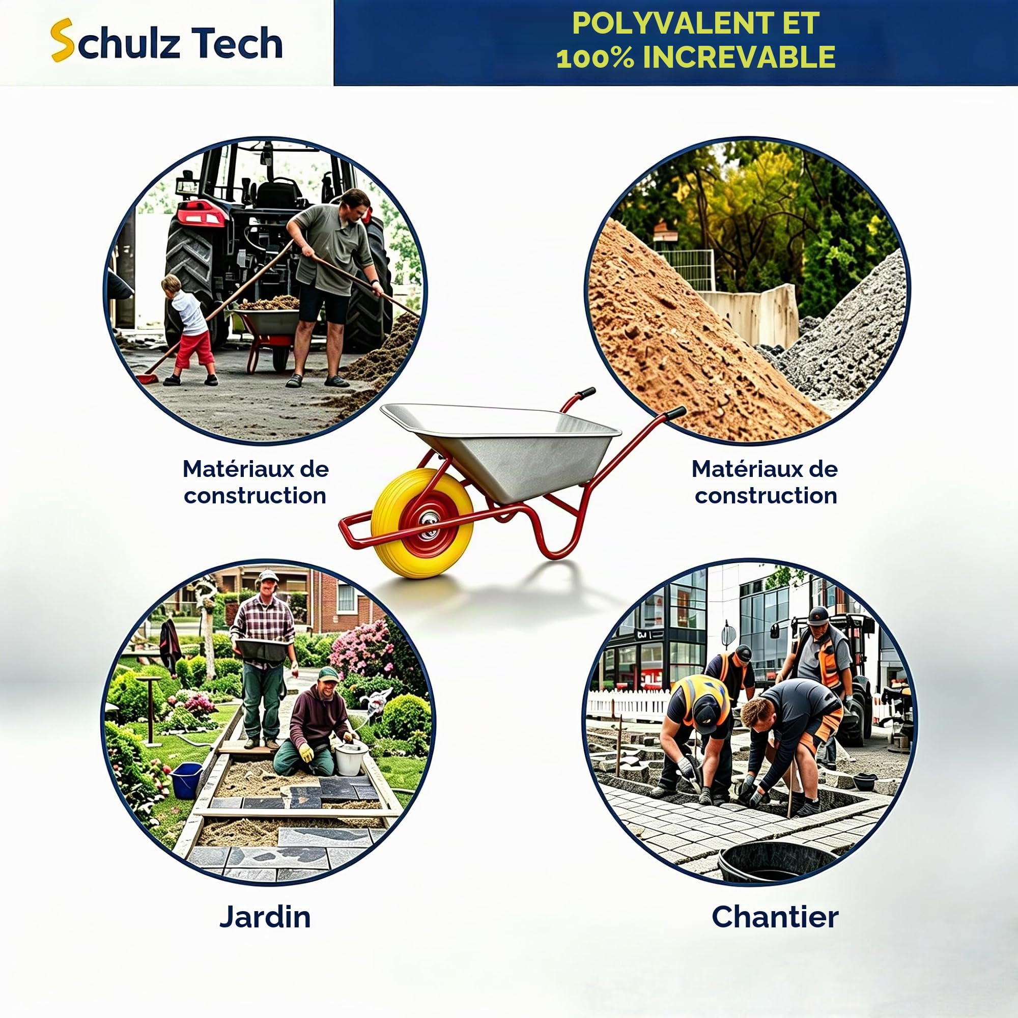 Roue de brouette en caoutchouc PU avec essieu, charge maximale 200 kg, 4.80/4.00-8, roue en caoutchouc anti-crevaison, pneu avec jante en acier, diamètre 390 mm, jaune/rouge