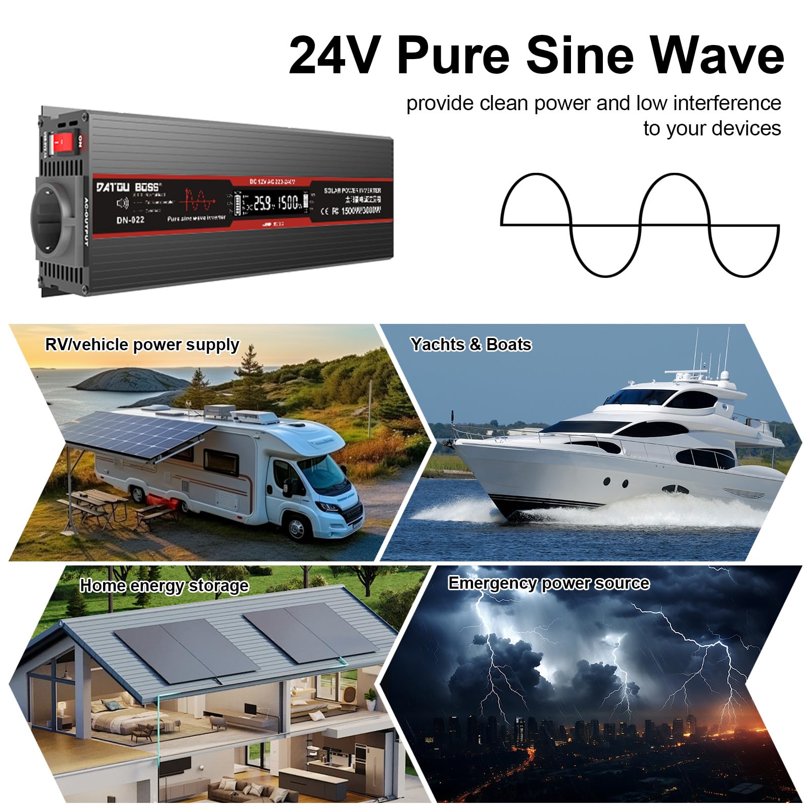 DATOUBOSS Przetwornica napięcia 24 V na 230 V, czysta sinusoidalna 1500 W/3000 W, z wyświetlaczem LCD, portami USB i gniazdami UE do domów, przyczep kempingowych