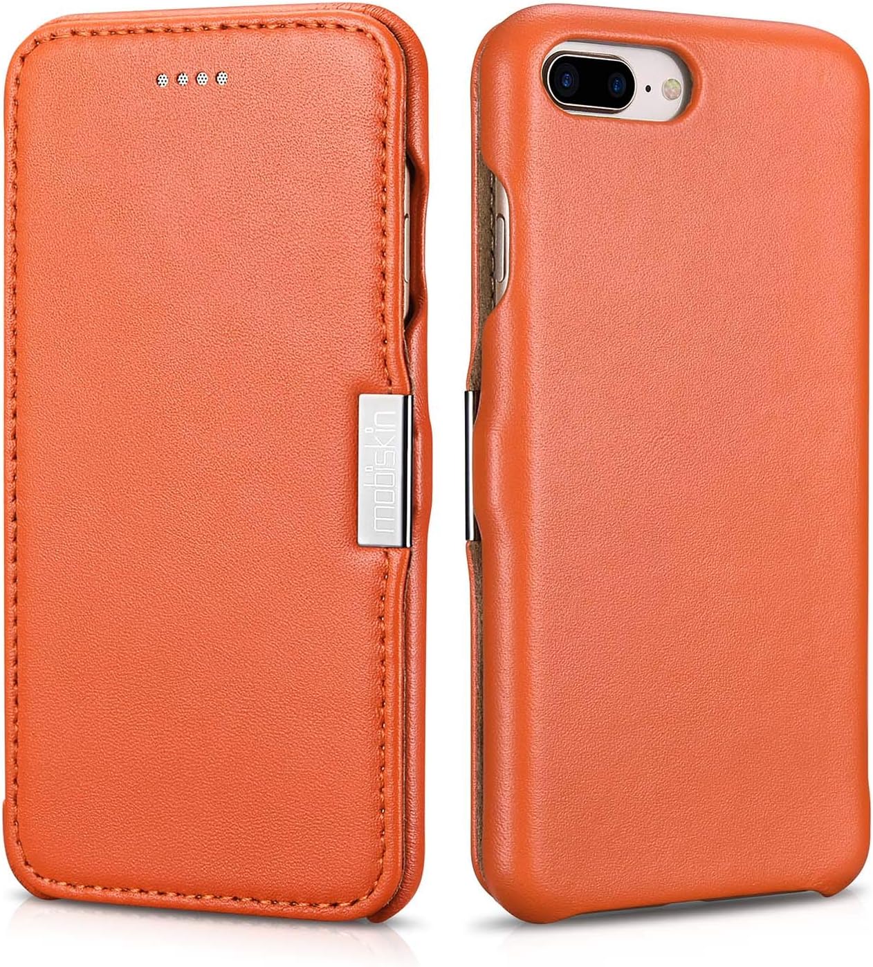 Mobiskin case compatible with Apple iPhone 8 PLUS and iPhone 7 PLUS (5.5 inch), cover with genuine leather, book-style protective phone case, ultra-slim folio, thin wallet, orange