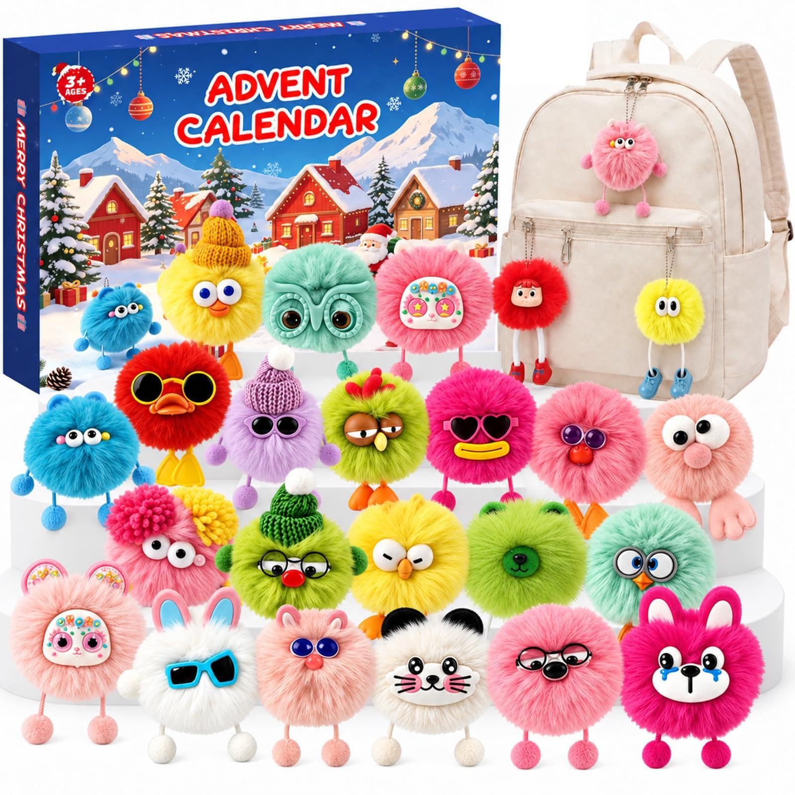 Adventskalender 2026 Kinder Schlüsselanhänger Plüsch: Rucksack Deko 24 Stk. | 24 Monster- & Tier-Designs. Kuschelige Bag Charms mit Kette. Für Mädchen & Jungen. Geschenk für Kinder ab 3-8 Jahren