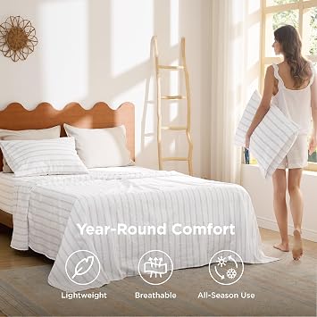 Bedsure Striped Sheets King Size-Imitation Cotton Fits Up to 16 Mattress