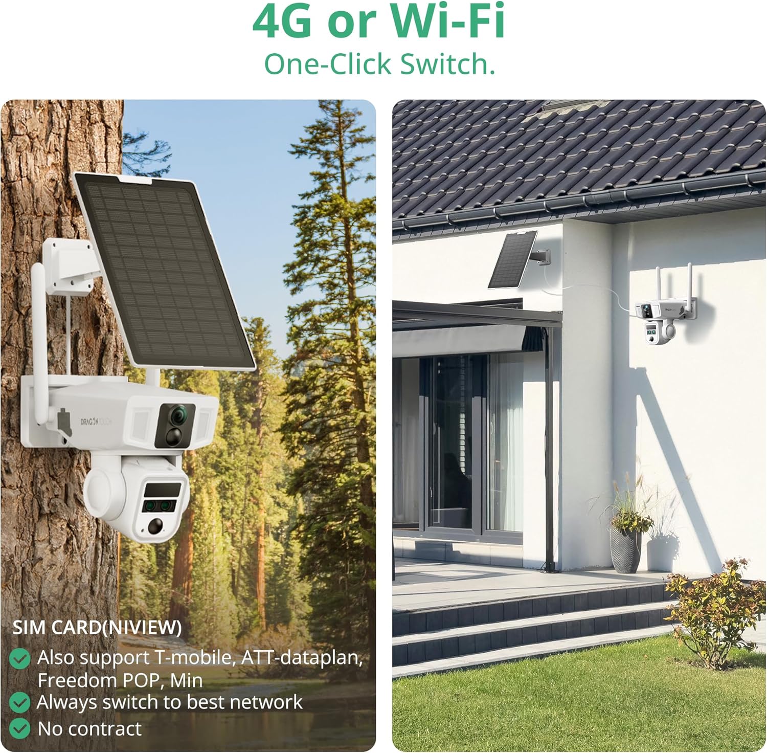 Image illustrating the camera's dual 4G and Wi-Fi connectivity options, showing the camera mounted in a wooded area for 4G and on a house for Wi-Fi.