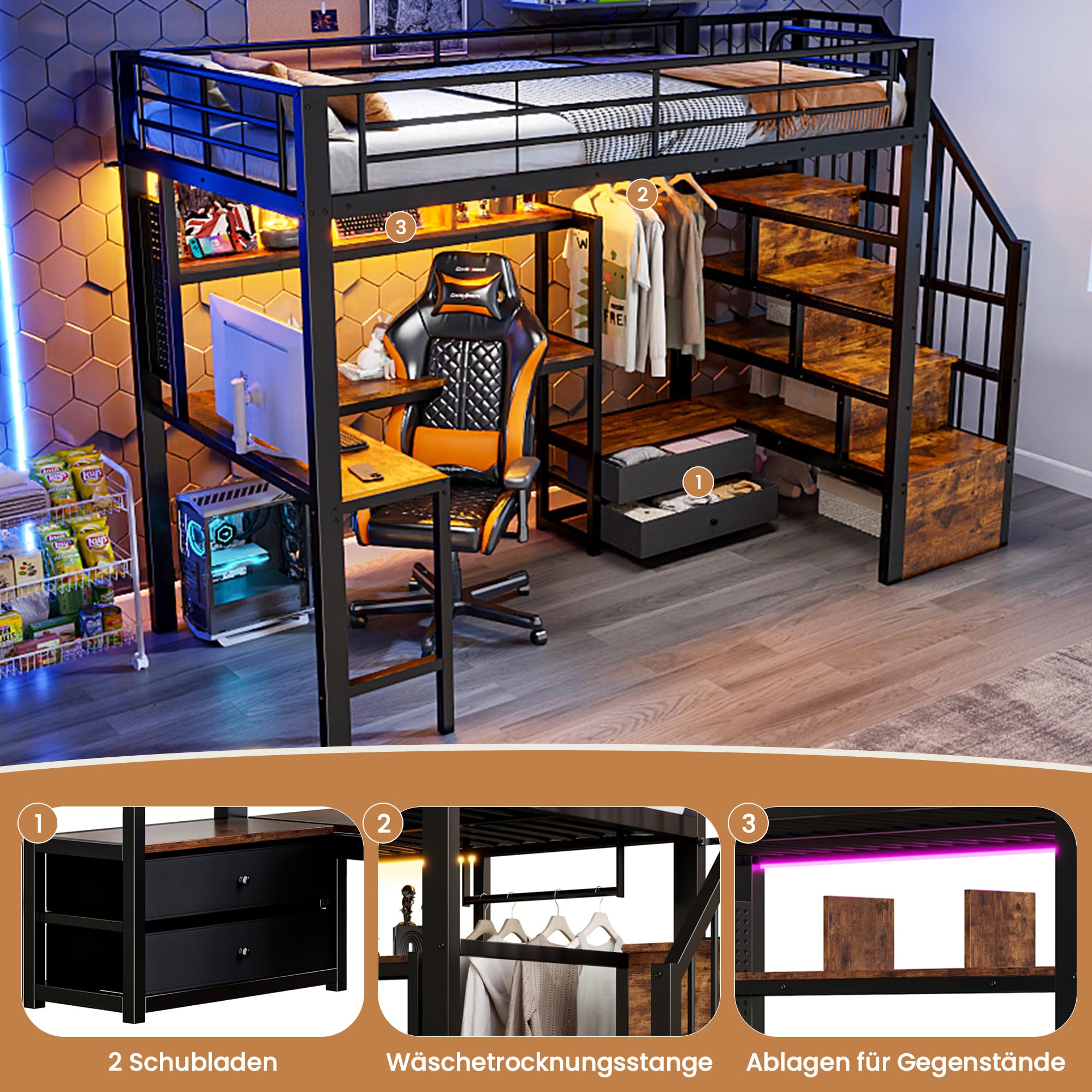 Merax Hochbett 90x200 cm mit Schreibtisch, Treppe mit Regal und Rausfallschutz, Funktionsbett Kinderhochbett mit LED, 2 Schubladen, integrierter Kleiderstange, Metallbett (ohne Matratze), Schwarz