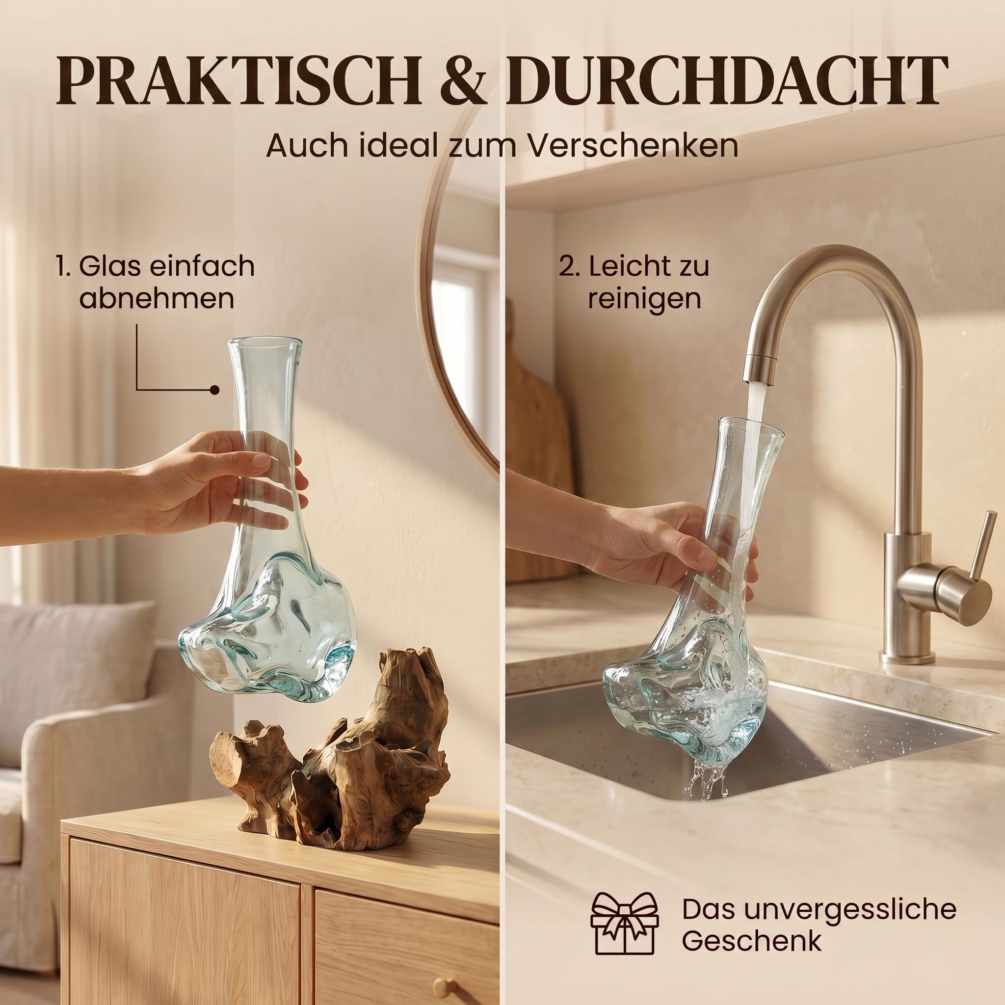 Vase auf Wurzelholz, B-Ware, Unikat Glasvase 25 cm mit abnehmbarem Glaseinsatz, handgefertigt aus Teakholz, Deko für Wohnzimmer & Büro, in Braun/Klar Vase M