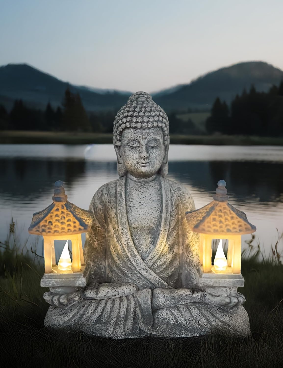 Buddha Outdoor Solar Figurine Decor Light, Meditation Small Elegant Garden Statues, Gifts for Mom, Halloween Décor Waterproof Patio Balcony Yard Lawn Ornament 8.66”