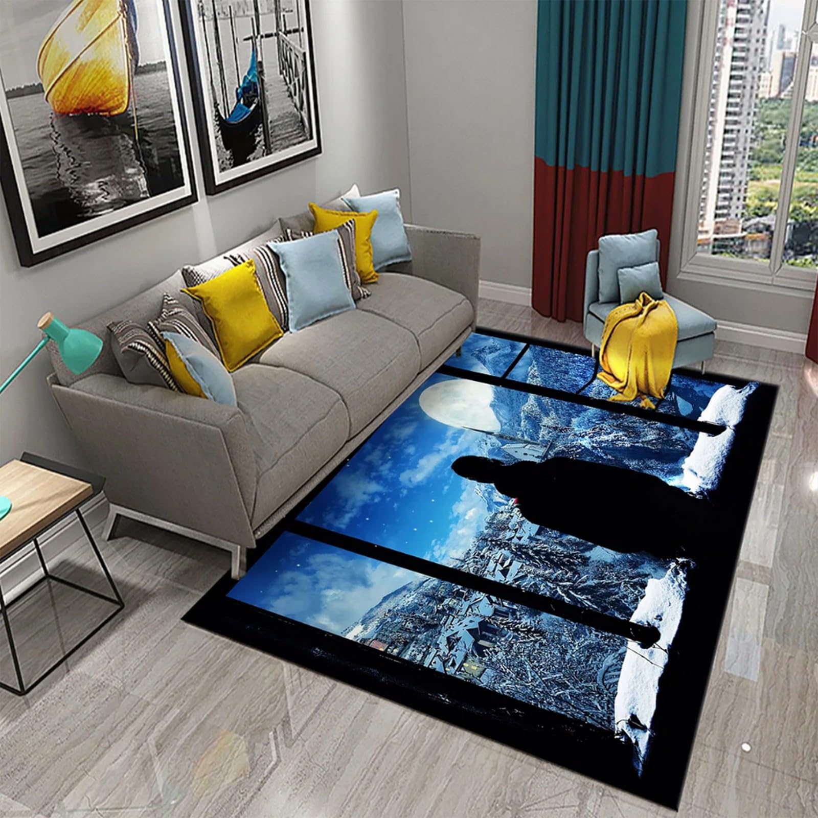 Tapis 160 x 200 cm grand salon imprimé 3D fenêtre chambre rectangulaire en polyester lavable