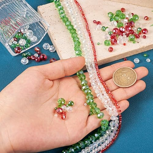 Miniatura 6 de KISSITTY 1300 cuentas de cristal de Navidad de 0.118-0.315 in chapadas en color AB cuentas de semillas facetadas de Rondelle verde, rojo y blanco,