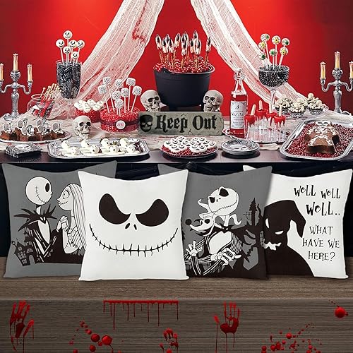 Miniatura 3 de 4 fundas de almohada navideñas de Halloween Jack y Sally de 18 x 18 pulgadas, fundas decorativas de lino para el hogar, sofá, cama
