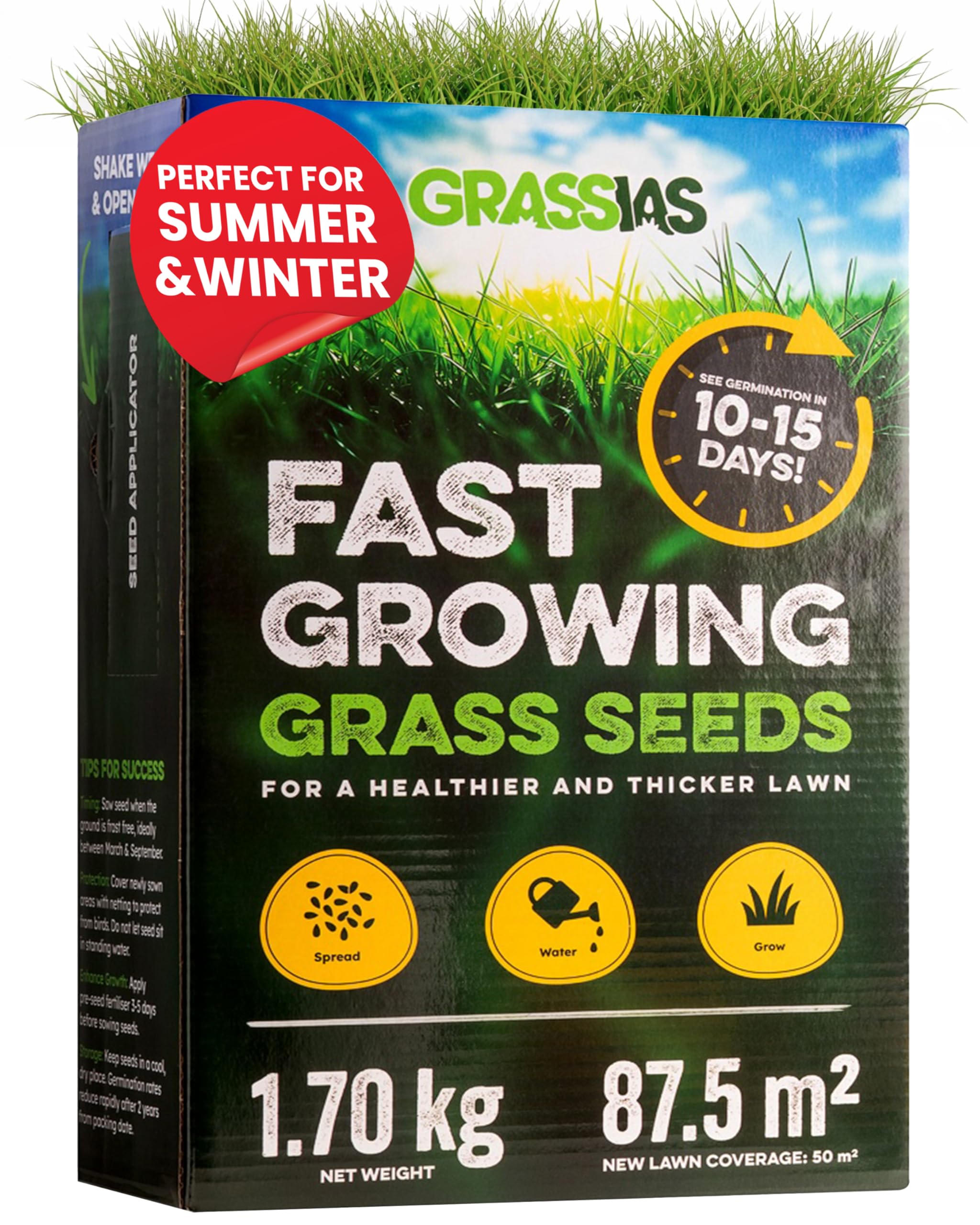 Grassias Fast Growing Grass Seed – 1.70KG Premium Quality Lawn Seed for Overseeding & New Lawns – Hard Wearing & Pet Friendly - Perfect for UK Lawns - Winter & Defra Approved