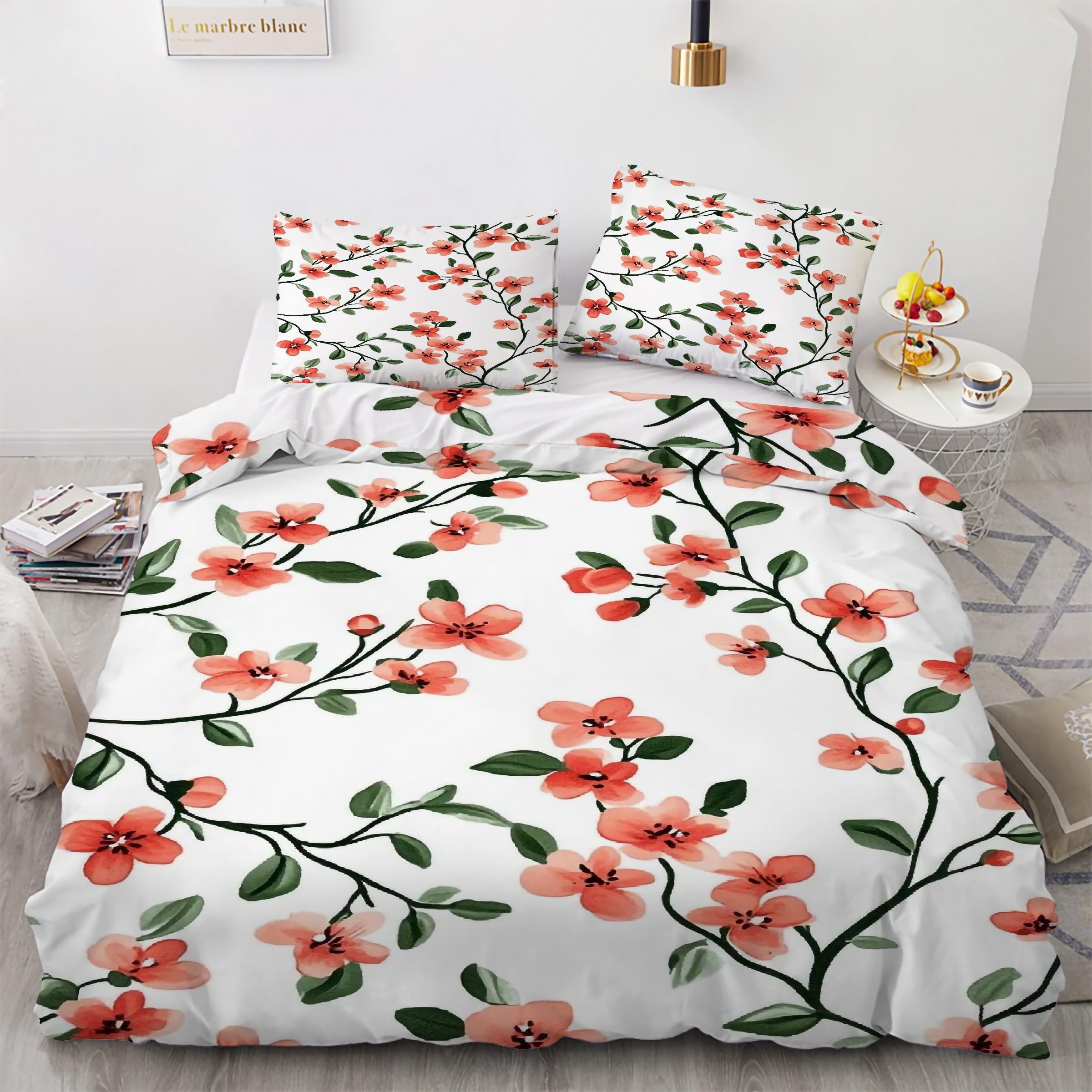 Housse de couette 160x200 floral avec 2 taies d'oreiller en microfibre douce