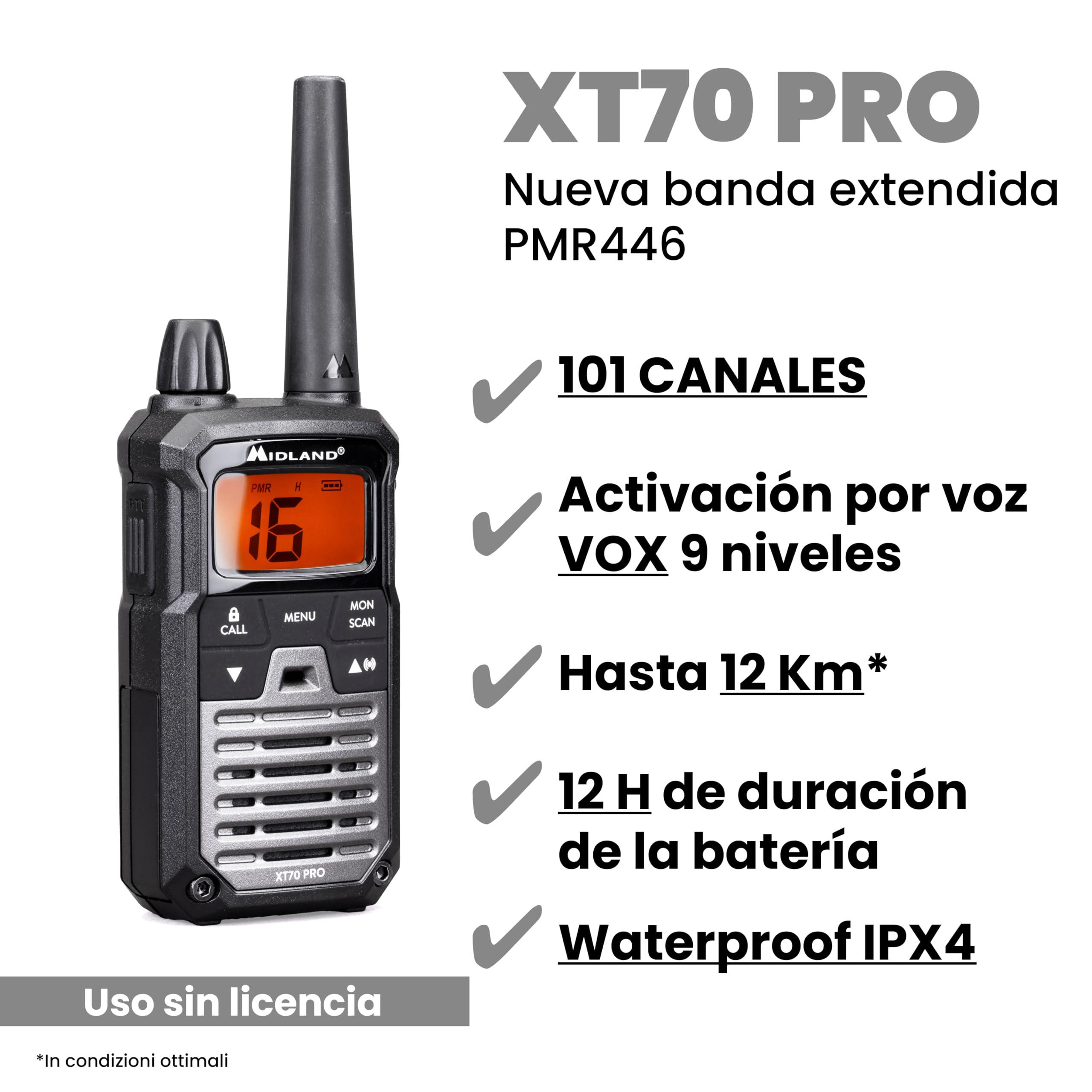 Midland XT70 PRO Doble, Walkie Talkie Profesional de Carga Rápida, 101 Canales PMR446 y Canal RRM, 142 Tonos CTCSS, Resistente al Agua IPX4, Recargable con USB, Alcance 12 Km, Negro/Gris, 2 Unidades - 3