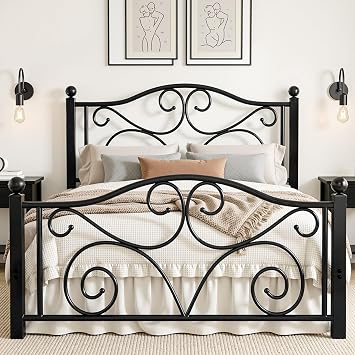VECELO 4ft6 Double Bed Frame with Headboard and Footboard, 135 190cm Platform Mattress Foundation, Heavy Duty Metal Slat Support, No Box Spring Needed, Easy Assembly