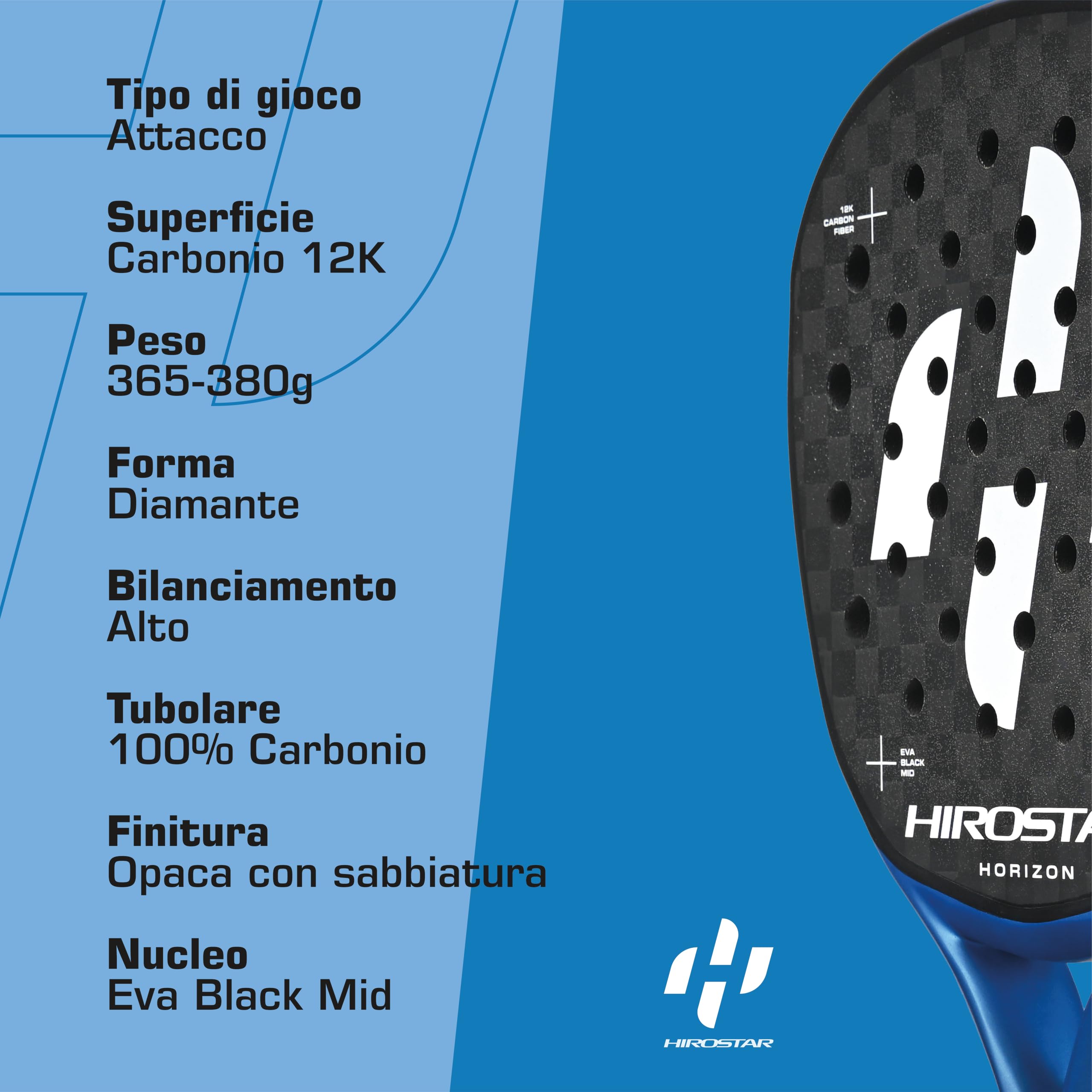 Racchetta Padel Horizon 2025 | Racchetta da Padel Con Forma a Diamante, 100% Carbonio 12K, Bilanciamento Alto, Peso 360g - 375g