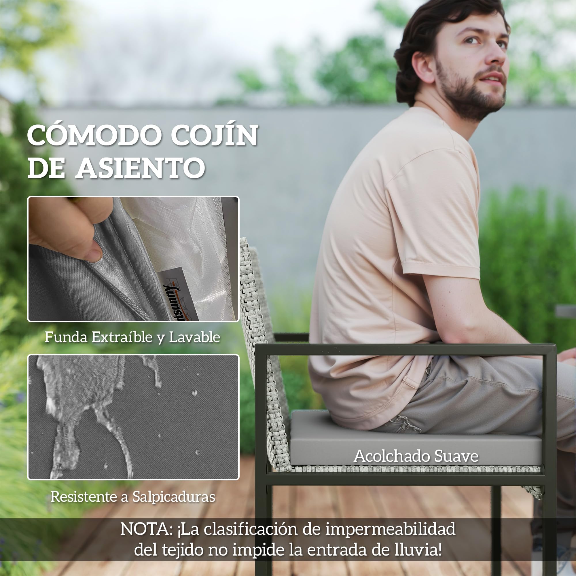 Outsunny Conjunto de Muebles de Jardín Exterior de Ratán de 9 Piezas Conjunto de Jardin Exterior de Ratán Sintético con Mesa con Vidrio Templado 4 Sillas 4 Taburetes Impermeables Cojines Gris