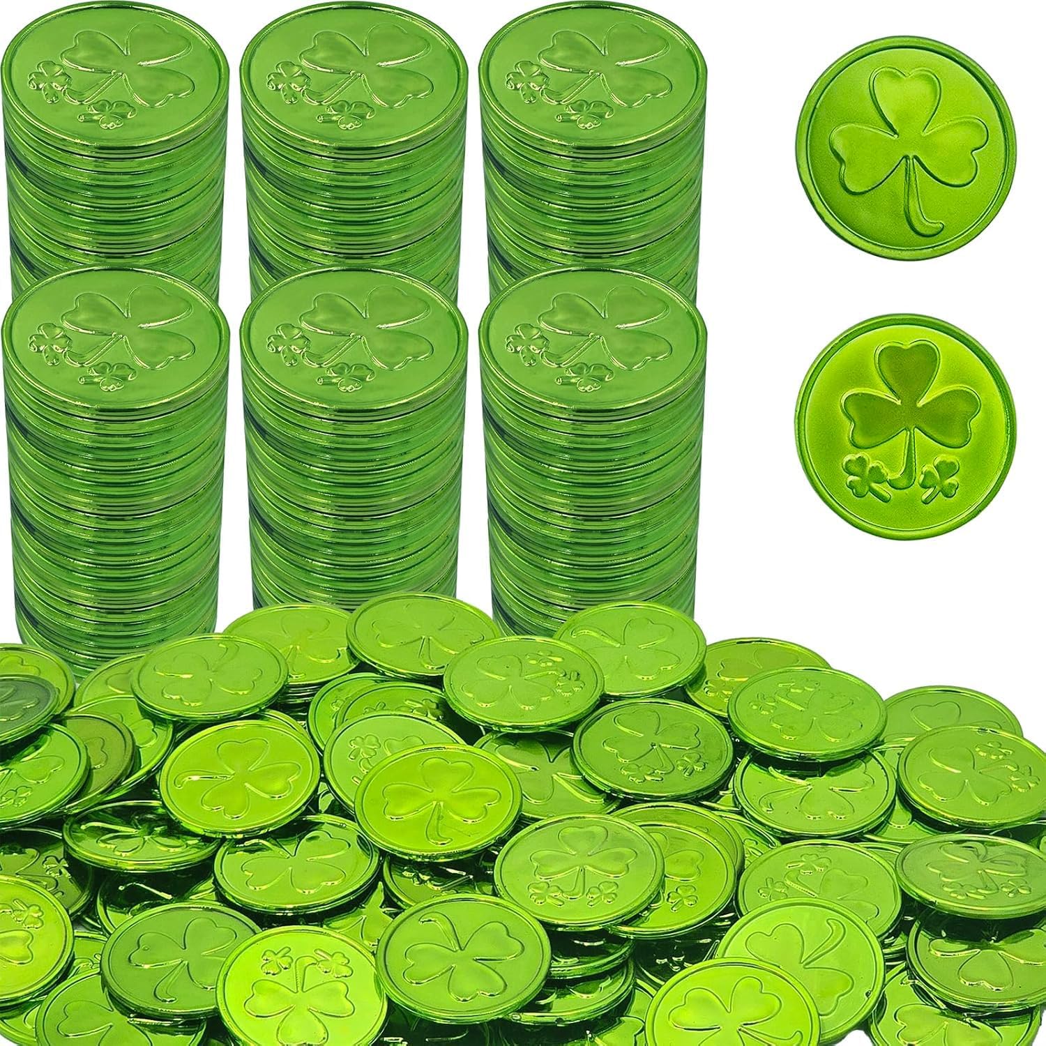 St. Patrick's Green Plastic Shamrock Coins, 3-Leaf Clover Coin for Party Decoration Favors, Leprechaun, Pirate, Educational & Classroom Learning Activities Party Favor (50 Coins)