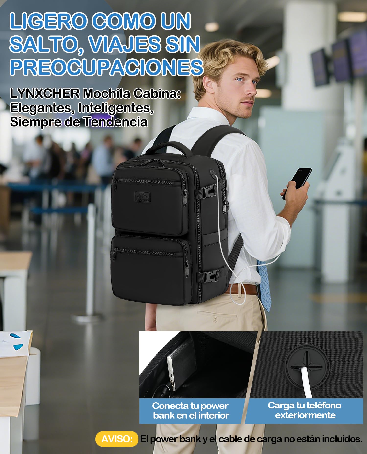 Mochila Viaje Cabina Avion 40x20x25 pour Ryanair Mochila Cabina de Viaje Equipaje Antirrobo 20L Mano Bolso Hombre Mujer para Computadora Portatil de14 Pulgadas Negro
