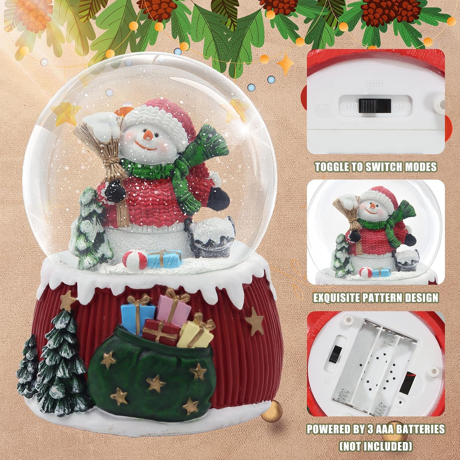 Christmas Snow Globe,Musical Water Globe with 8 Music & Colourful Lights,100mm Holiday Glitter Globe,Christmas Home Decoration,Xmas Gifts for Kids（Broom）