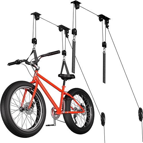 Paquete de 2 polipastos de bicicleta, sistema de polea de bicicleta resistente para techo de garaje, soporte para colgar bicicletas, almacenamiento