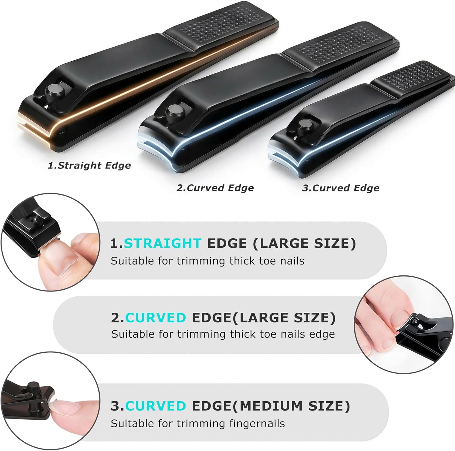 Heavy Duty Nail Clippers Set, Straight & Curved Edge, 3PCS Black | Large 3.15Inch, Fingernail and Toenail Clippers for Thick Nails, with Nail File ,Nail Trimmer for Men Women Seniors Adults