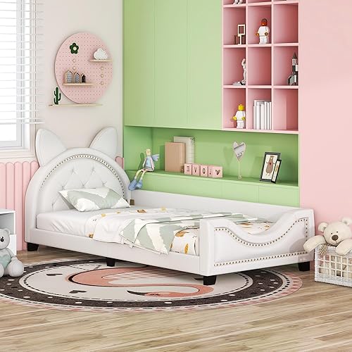Miniatura 4 de Cama individual tapizada blanca con cabecero copetudo en forma de orejas, base de cama de plataforma baja con rieles para niños, niñas, niños y