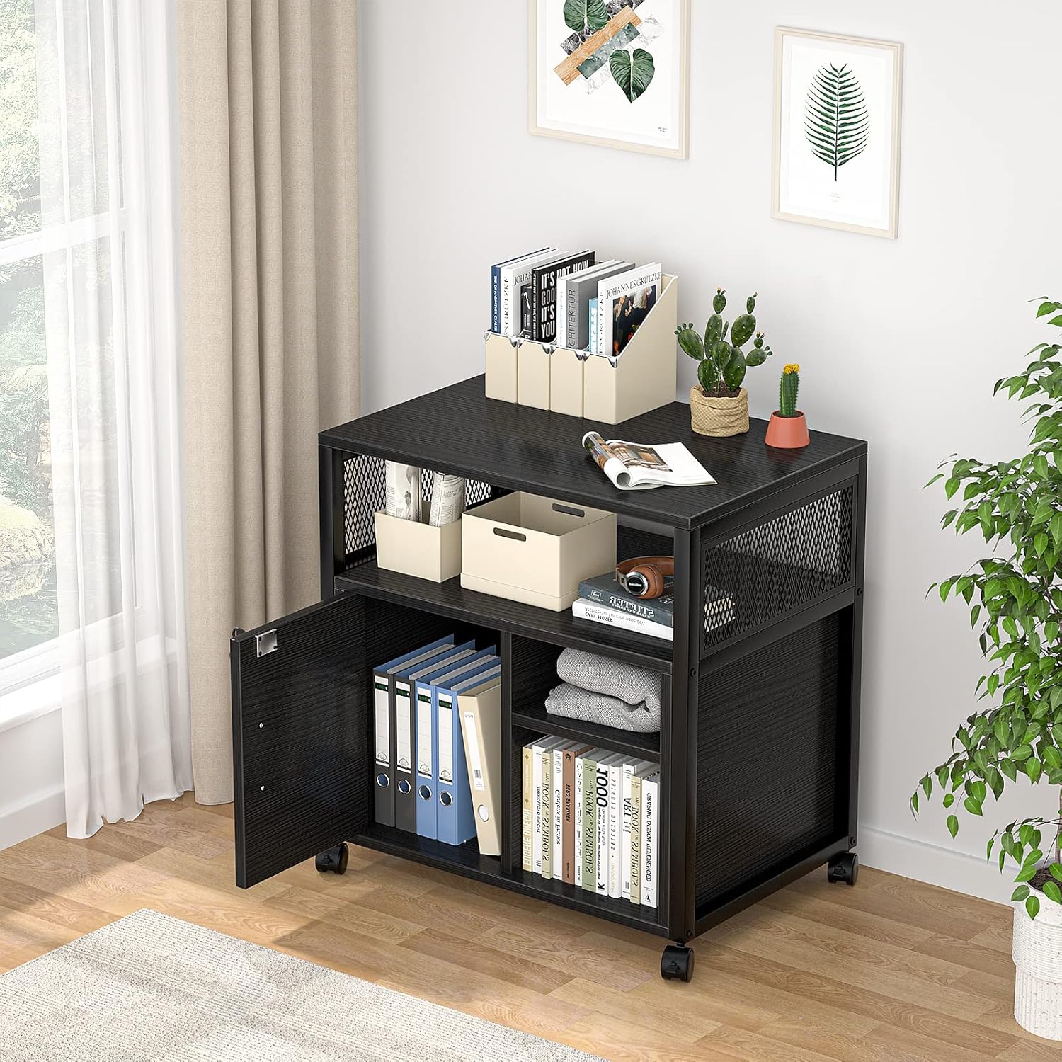 Unikito Rolling File Cabinet, Wood Lateral Office Filing Cabinet on Wheels, Mobile Printer Stand with Door and Open Storage Shelf for A4, Letter Size and Hanging File Folders, Lockable, Black : Tools & Home Improvement