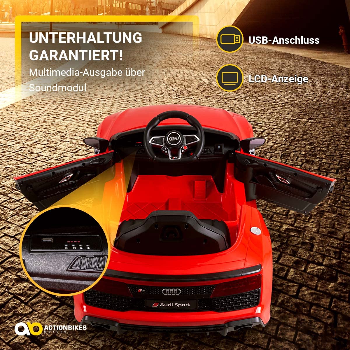 Actionbikes Motors Kinder Elektroauto Audi R8 | Fernbedienung mit First Funktion - Lizenziert - Kinderauto elektrisch - Elektrofahrzeuge - Spielzeugauto - Elektro Auto für Kinder ab 3 Jahre (Rot)
