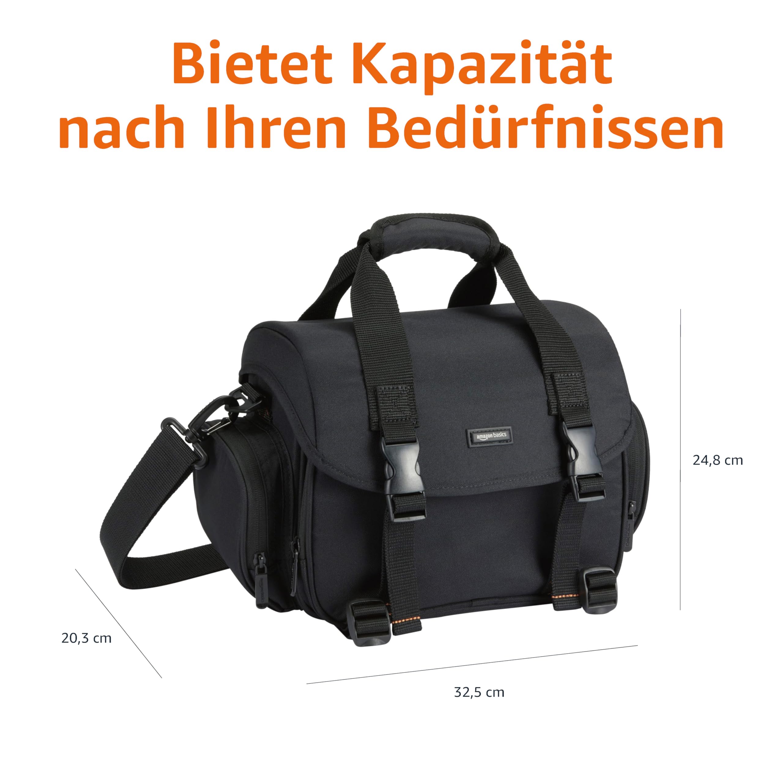 Amazon Basics Schultertasche für SLR-Kamera, Groß, Schwarz/Orange | Wasserdicht