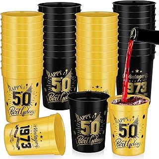 Shojoy 40 Pack Happy 50 Birthday Party Cups Black and Gold Birthday Stadium Cups 8 Ounces Reusable Plastic Tumblers for Birthday Anniversary Party Supplies Decors
