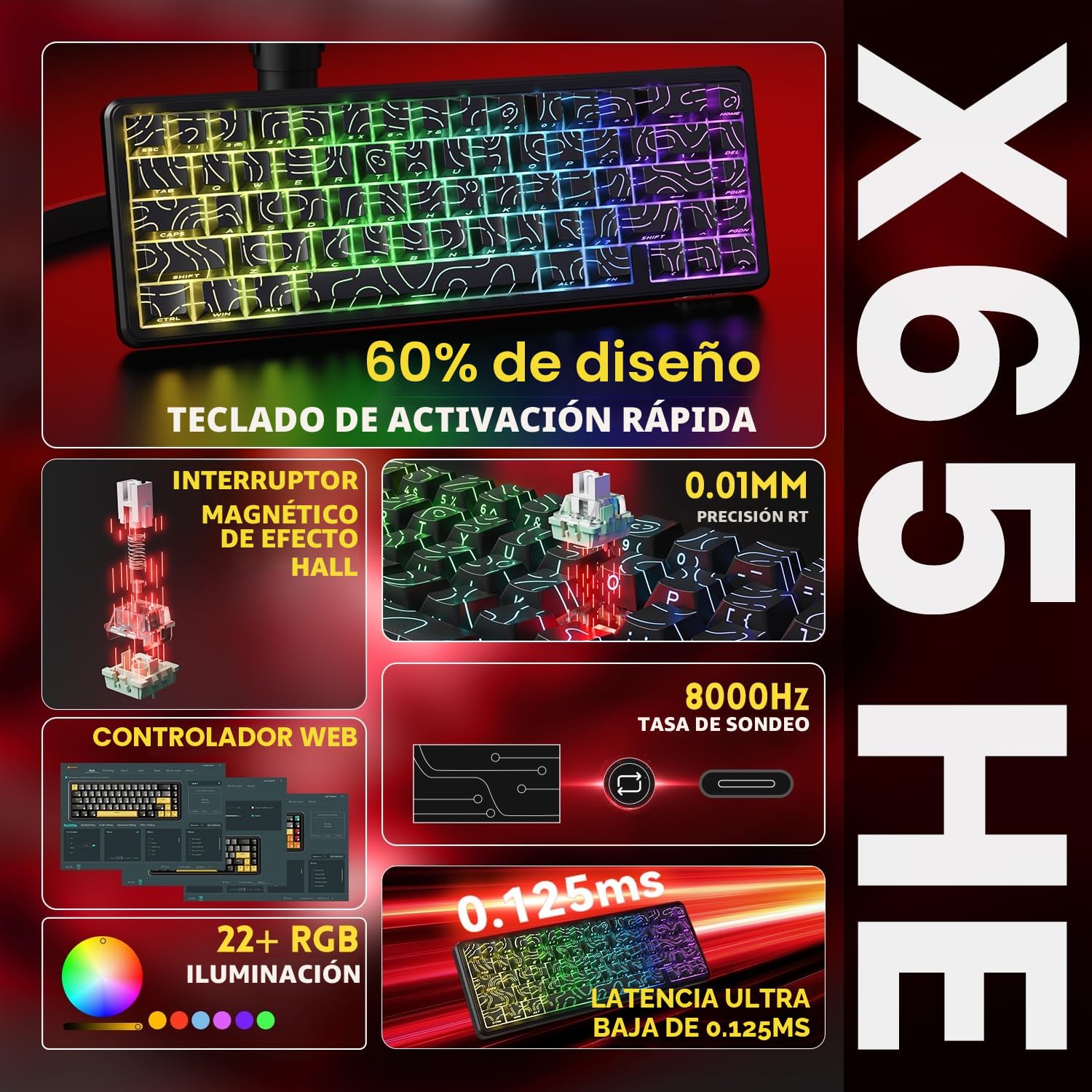 MAMBASNAKE Attack Shark X65 HE Teclado de Gatillo Rápido, Precisión RT de 0,01mm, 8 KHz, Interruptor Magnético del 60% con Cable de 8KHz, Accionamiento Ajustable, SnapTap, para PC/Mac, Contorno Negro