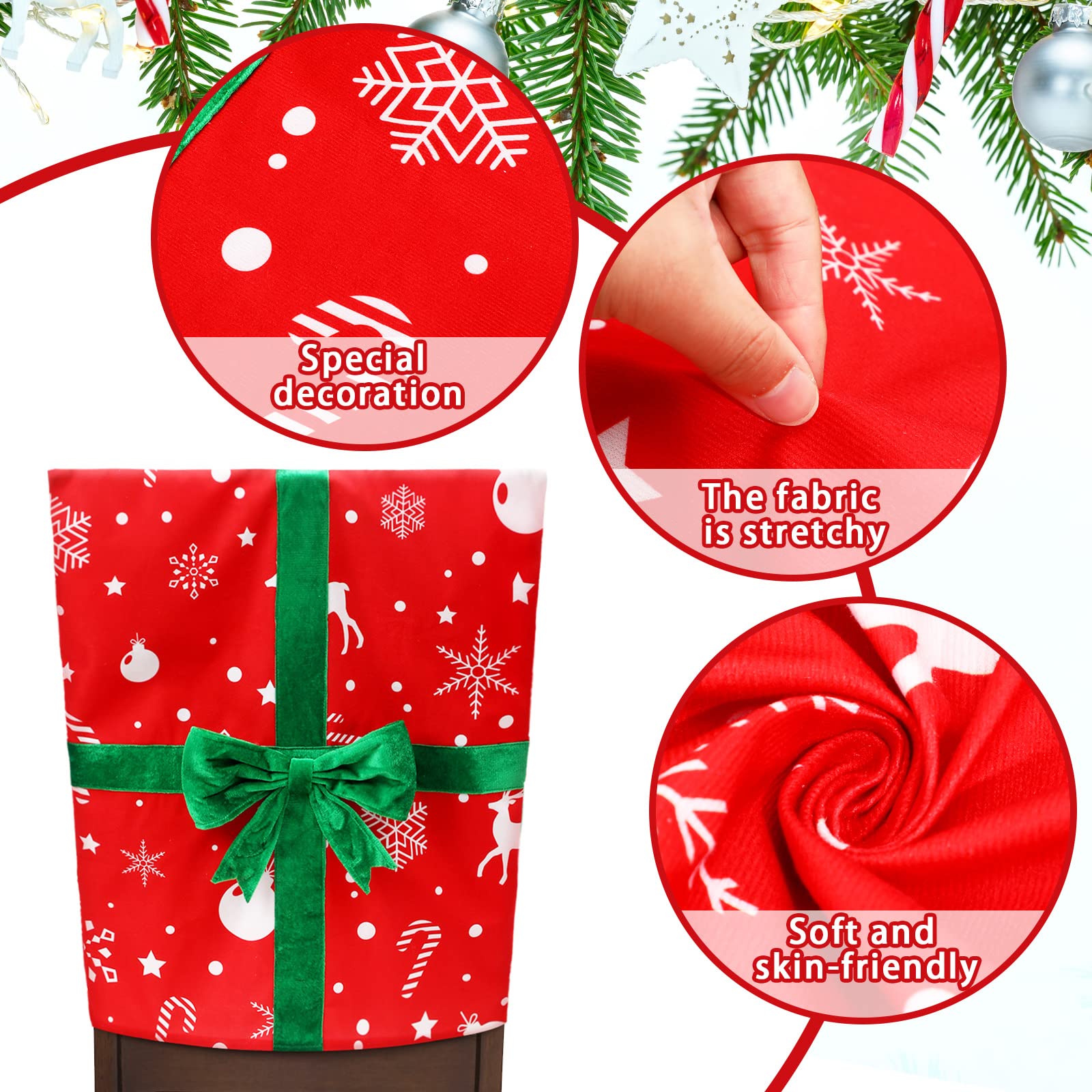 4 Pack Christmas Dining Chair Slipcovers Chair Back Covers Bowknot Gift Package Design, Removable Washable Chair Protector Slipcovers for Christmas Home, Kitchen, Dining Room Chair Decoration