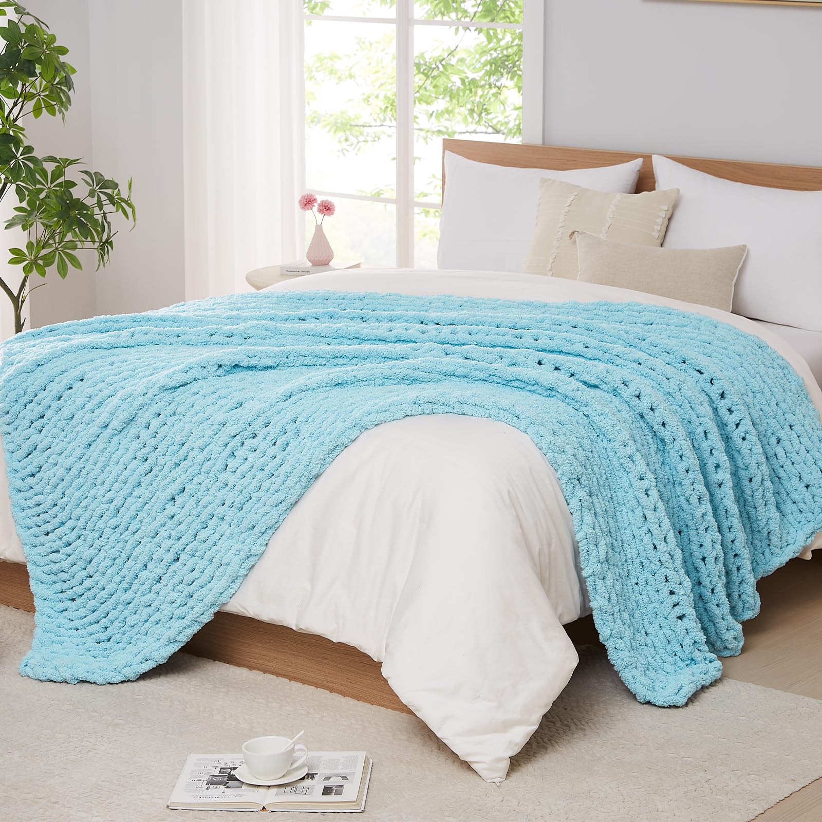Photo 1 of L'AGRATY Chenille Chunky Knit Blanket, Light Blue, 50x60, Heavyweight Throw Blanket for Home Decor