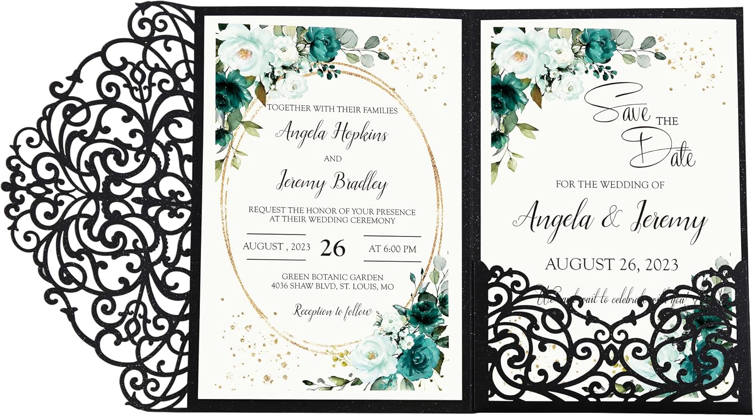 DORIS HOME 50pcs Black Customized 4.7x7 Inch Wedding Invitation Kits Laser Cut Hollow Rose Pocket Wedding Invitations with Envelopes For Wedding Bridal Shower Engagement Invite