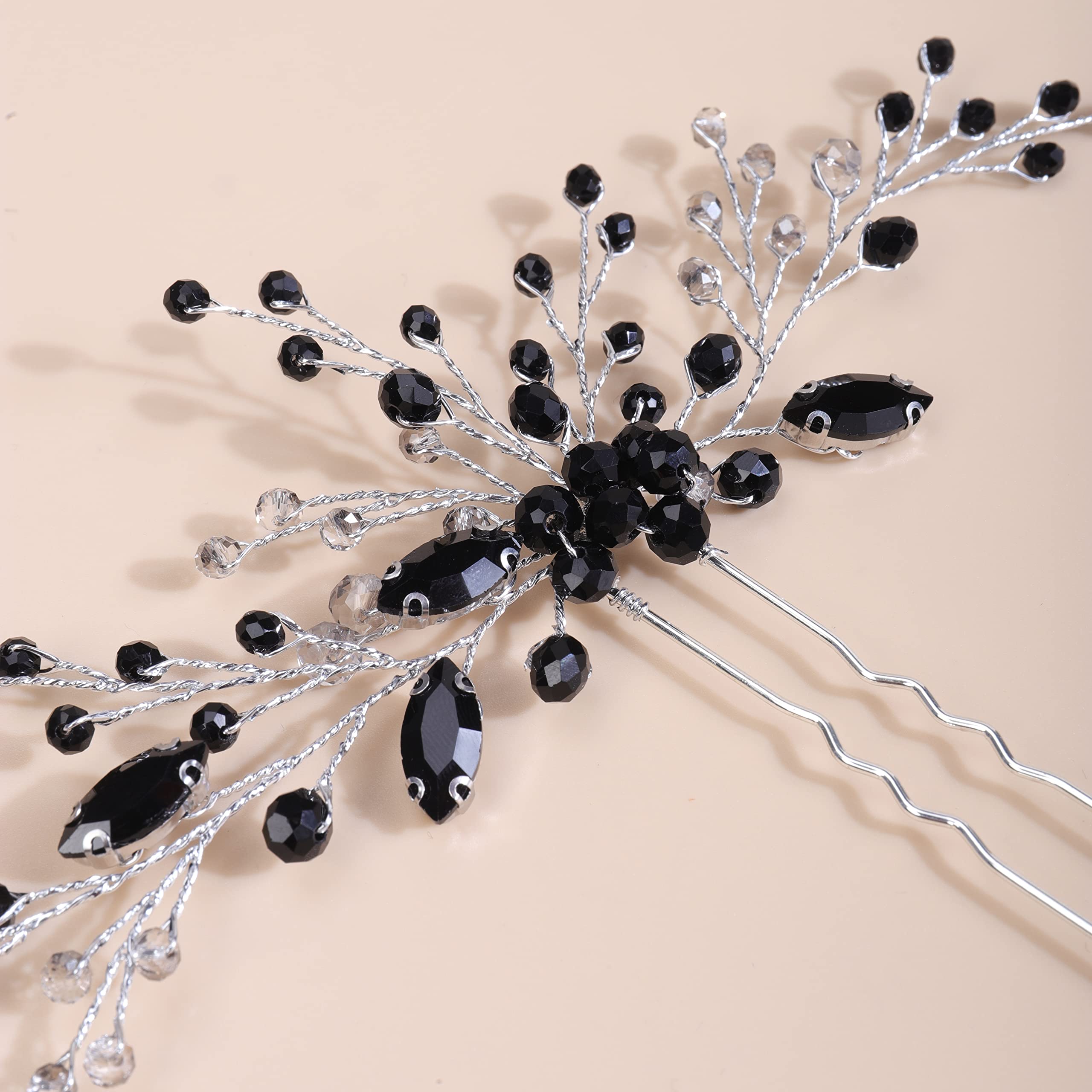 Kercisbeauty Black Crystal Hair Piece for Wedding Brides Silver Hair Pins Hair Styling Accessory for Women (Black) - Image 3