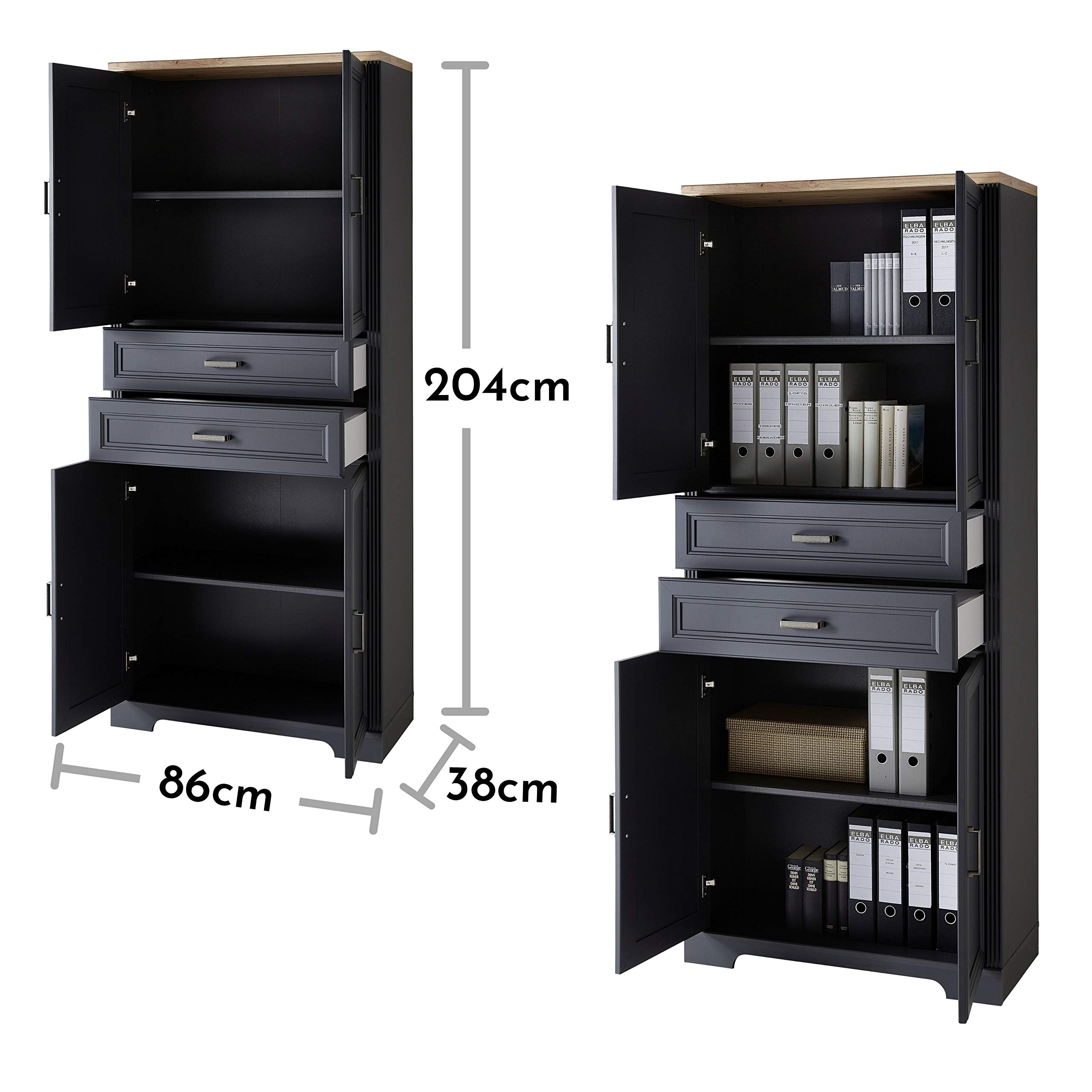 Stella Trading JASMIN Büroschrank in Graphit, Artisan Eiche Optik - Aktenschrank mit Schubladen und Türen - Landhausstil Büromöbel Komplettset - 86 x 204 x 38 cm (B/H/T)