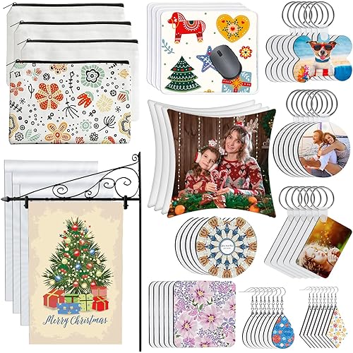 114Pcs Sublimation Blanks Products, Sublimation Blanks Set Including DIY Blank Makeup Bag, Keychain, Earring, Pillow Cover, Mouse Pad, Coaster, Garden Flag for Sublimation Transfer Christmas Craft