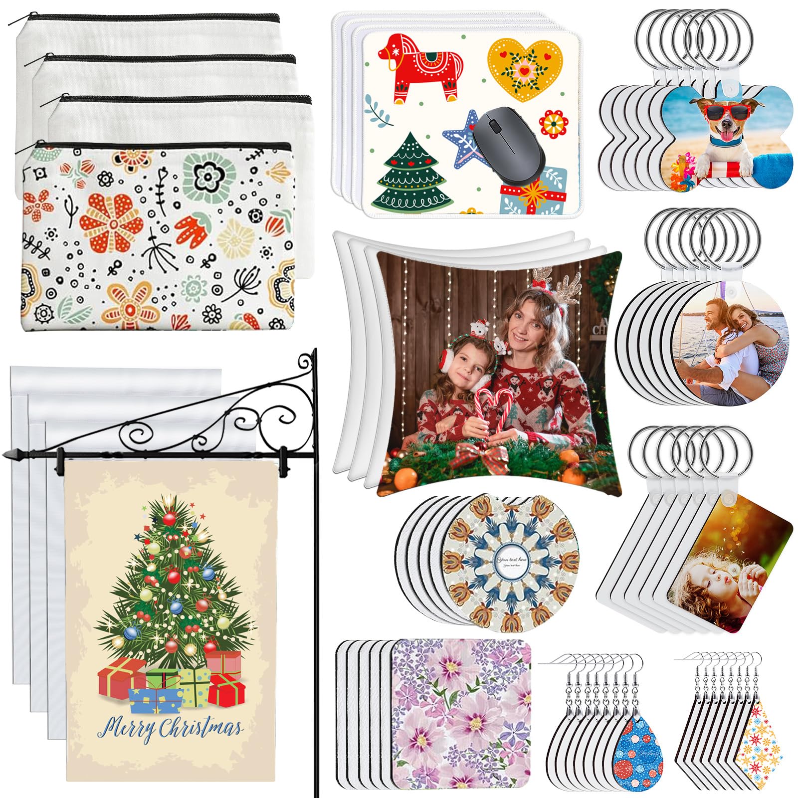 114Pcs Sublimation Blanks Products, Sublimation Blanks Set Including DIY Blank Makeup Bag, Keychain, Earring, Pillow Cover, Mouse Pad, Coaster, Garden Flag for Sublimation Transfer Heat Transfer Craft