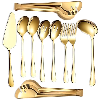 NEXNEOM Serving Utensils Set 10 Pcs - Stainless Steel Gold Serving Utensils with Stunning Mirror-Finish - Lightweight, Rust Resistant & Easy Maintenance - Ideal Serving Spoons for Parties & Wedding