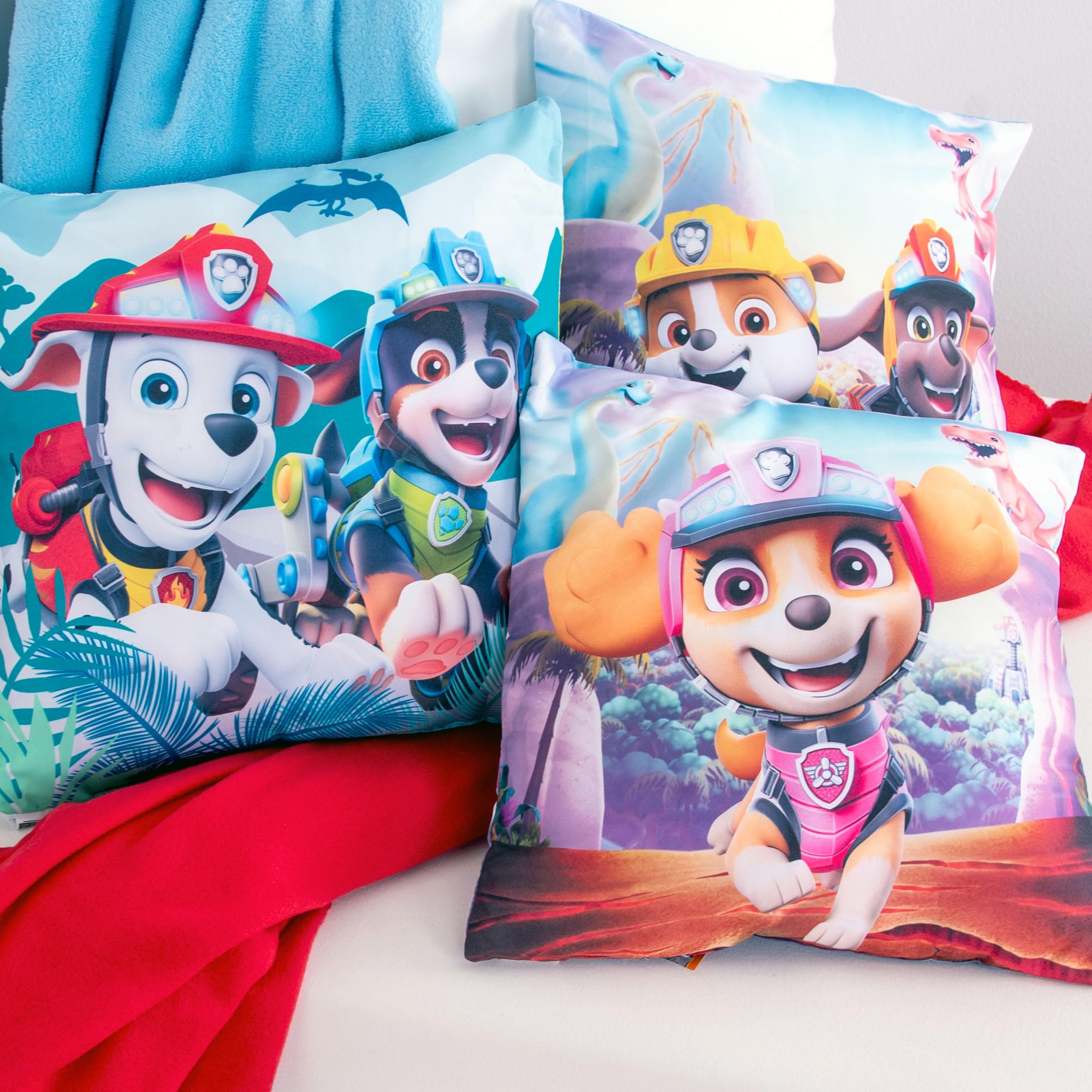 Herding PAW Patrol Dino Rescue - Set da 3 cuscini decorativi e morbidi, da coccole, per bambini, 100% poliestere, 40 x 40 cm