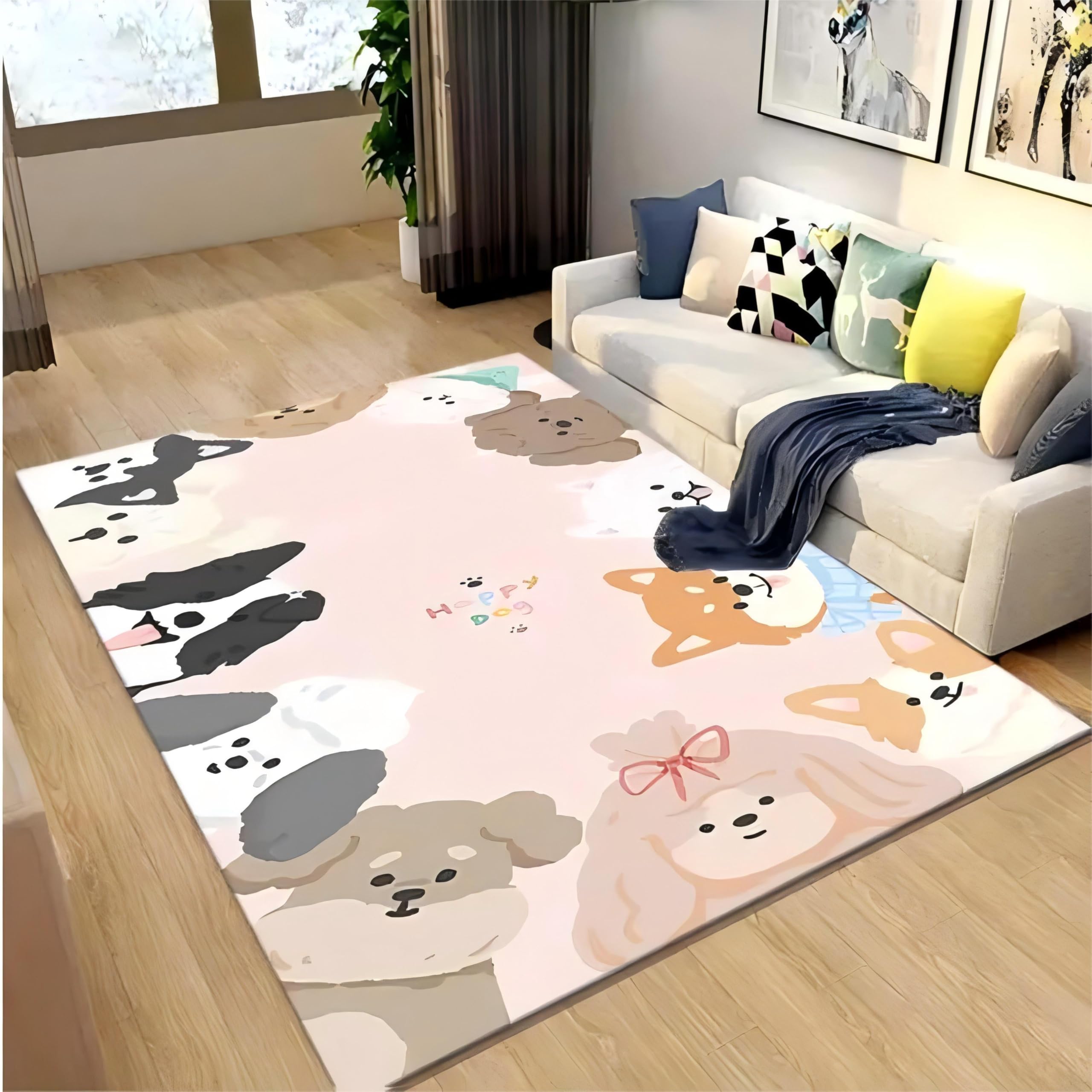 Animal Area Rug, 180x300cm Creative Cartoon Cute Pink Diverse Puppy Non-Slip Rugs, Soft and Comfortable Home Interior Decoration Carpet, for Living Room Kindergarten Classroom Durable Rug