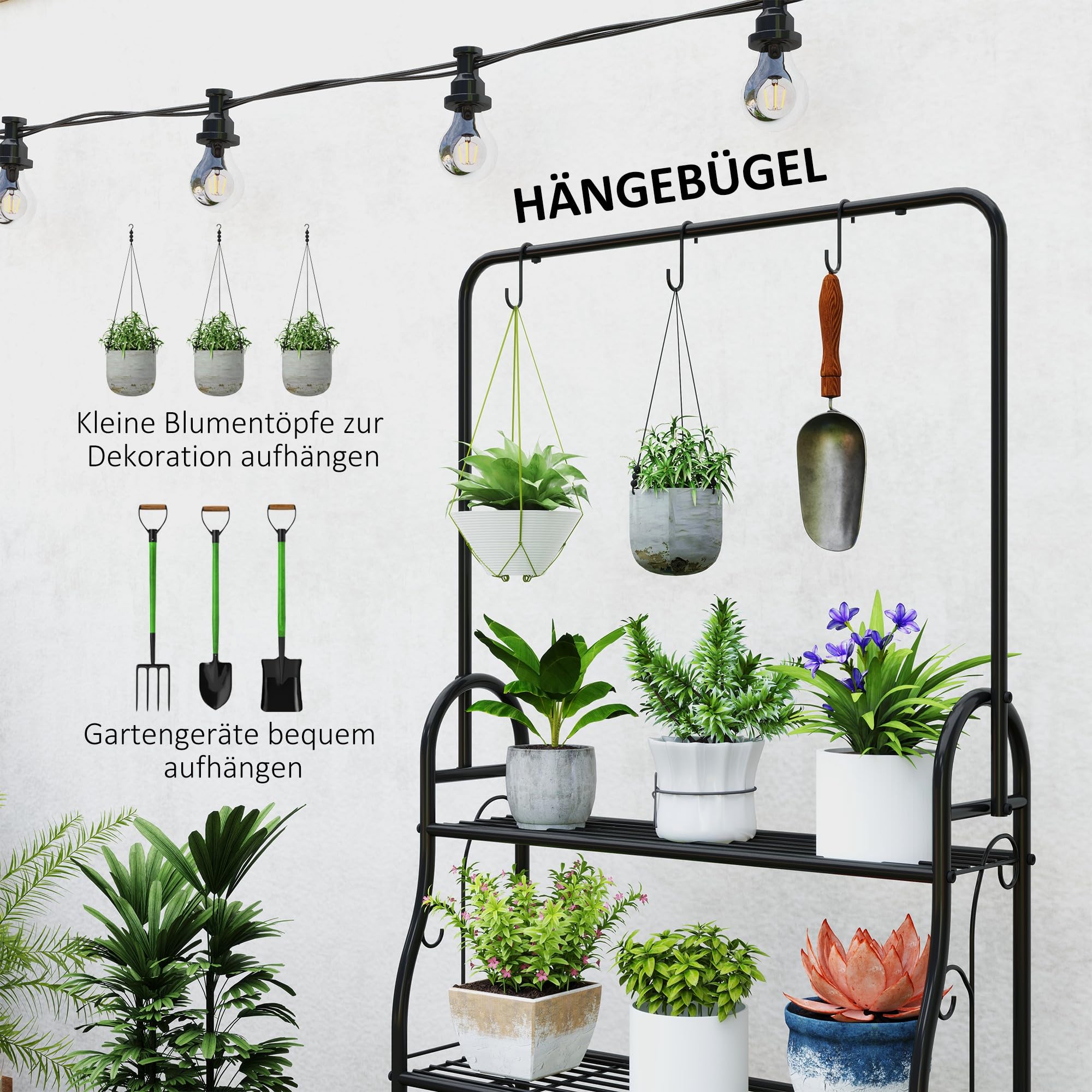 Outsunny Étagère à fleurs 3 niveaux pour Intérieur Extérieur Métal Noir | Support de Plantes, Tige de Suspension, 3 Crochets, pour Balcon, Salon, Chambre, Jardin