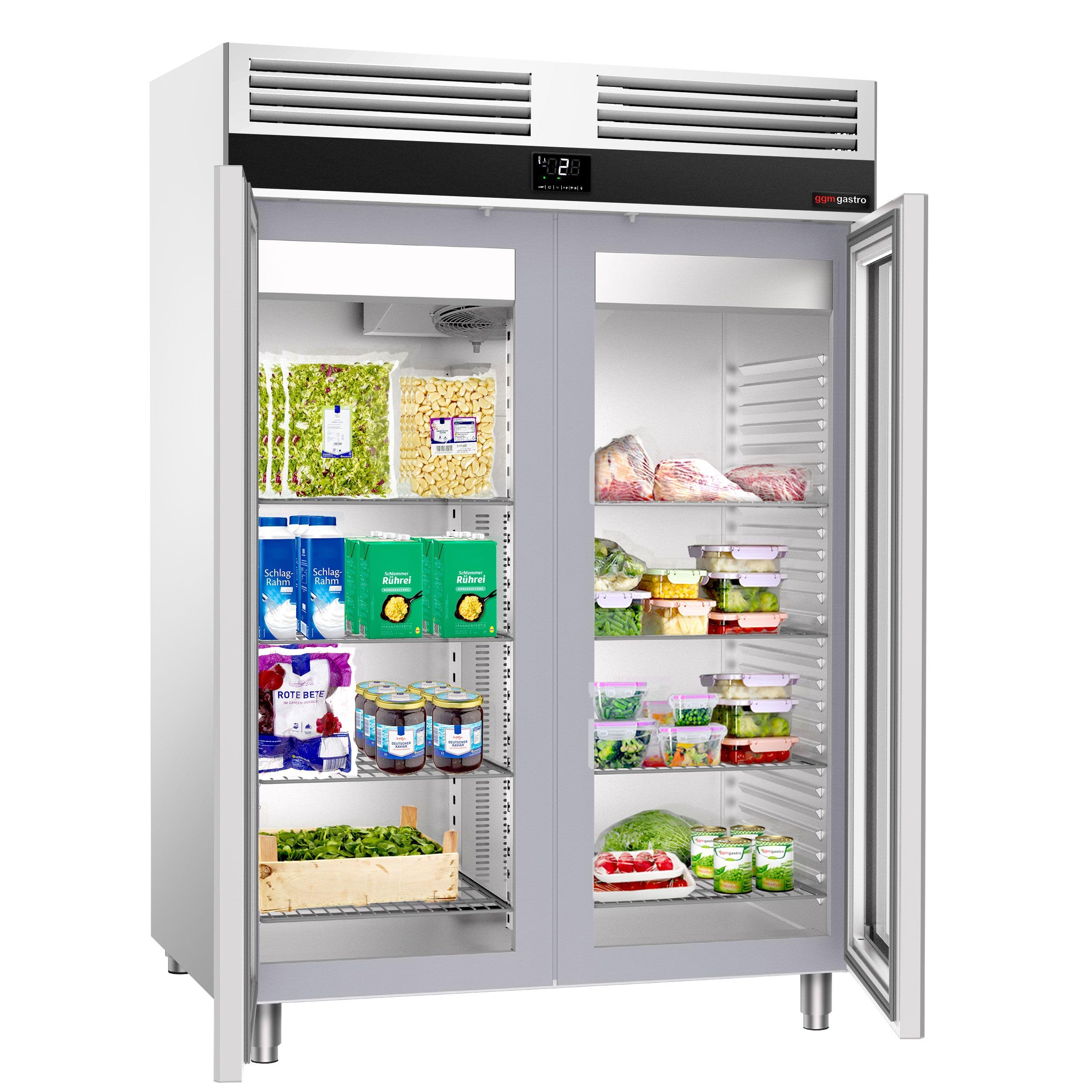 GGM Gastro Kühlschrank 1350 L, 1400 mm, 2 Glastüren | robuste Edelstahlbauweise, lebensmittelecht, energieeffiziente Umluftkühlung, wartungsfreundlich, für Dauereinsatz