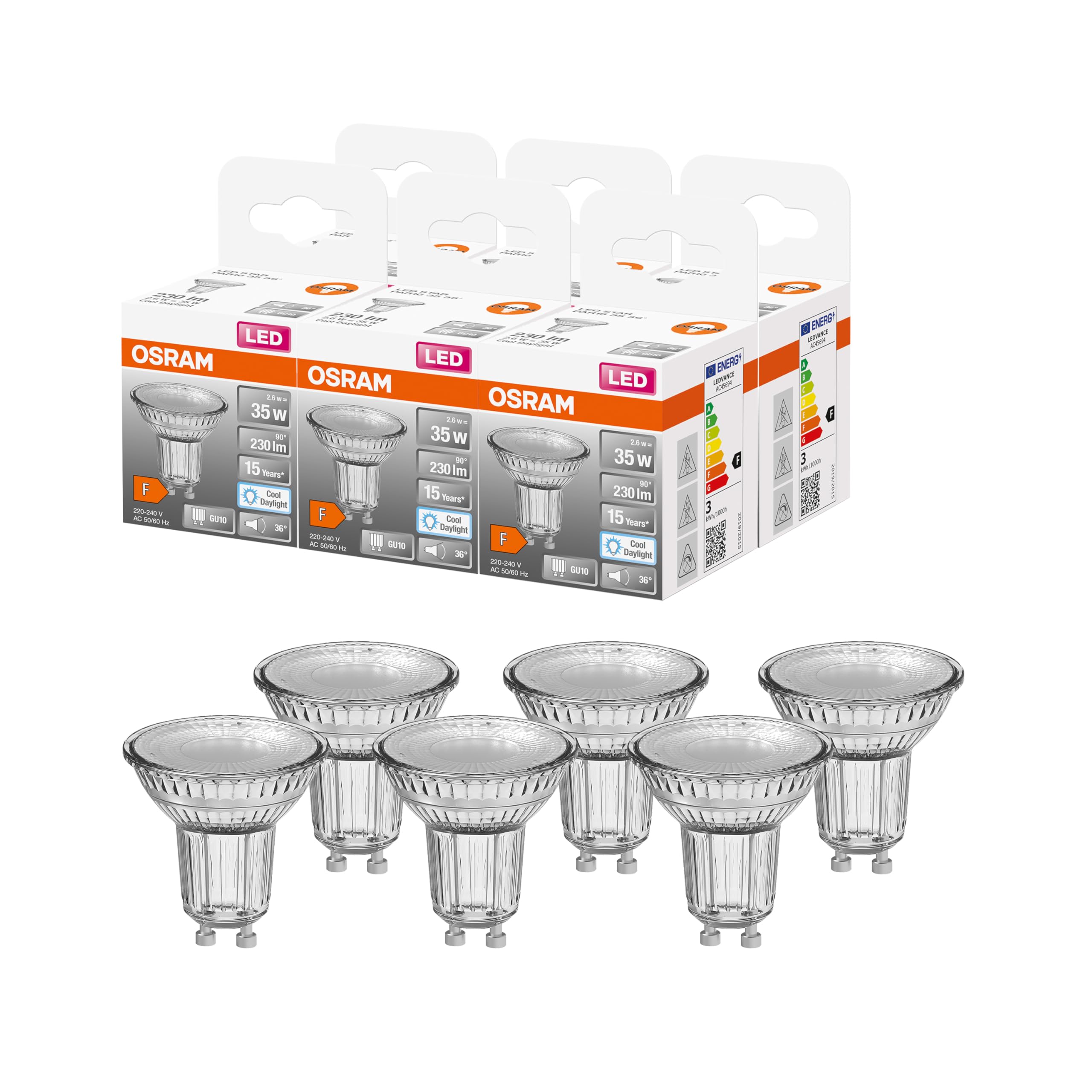 Osram LED Star PAR16 35 LED-Reflektorlampe mit 36 Grad Abstrahlwinkel, GU10 Sockel, Tageslichtweiß (6500K), Ersatz für herkömmliche 35W-Spotlampen, 6er-Pack