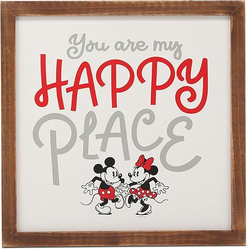 Disney Mickey y Minnie Mouse You Are My Happy Place - Decoración de pared de madera enmarcada - Bonita imagen de Mickey Mouse