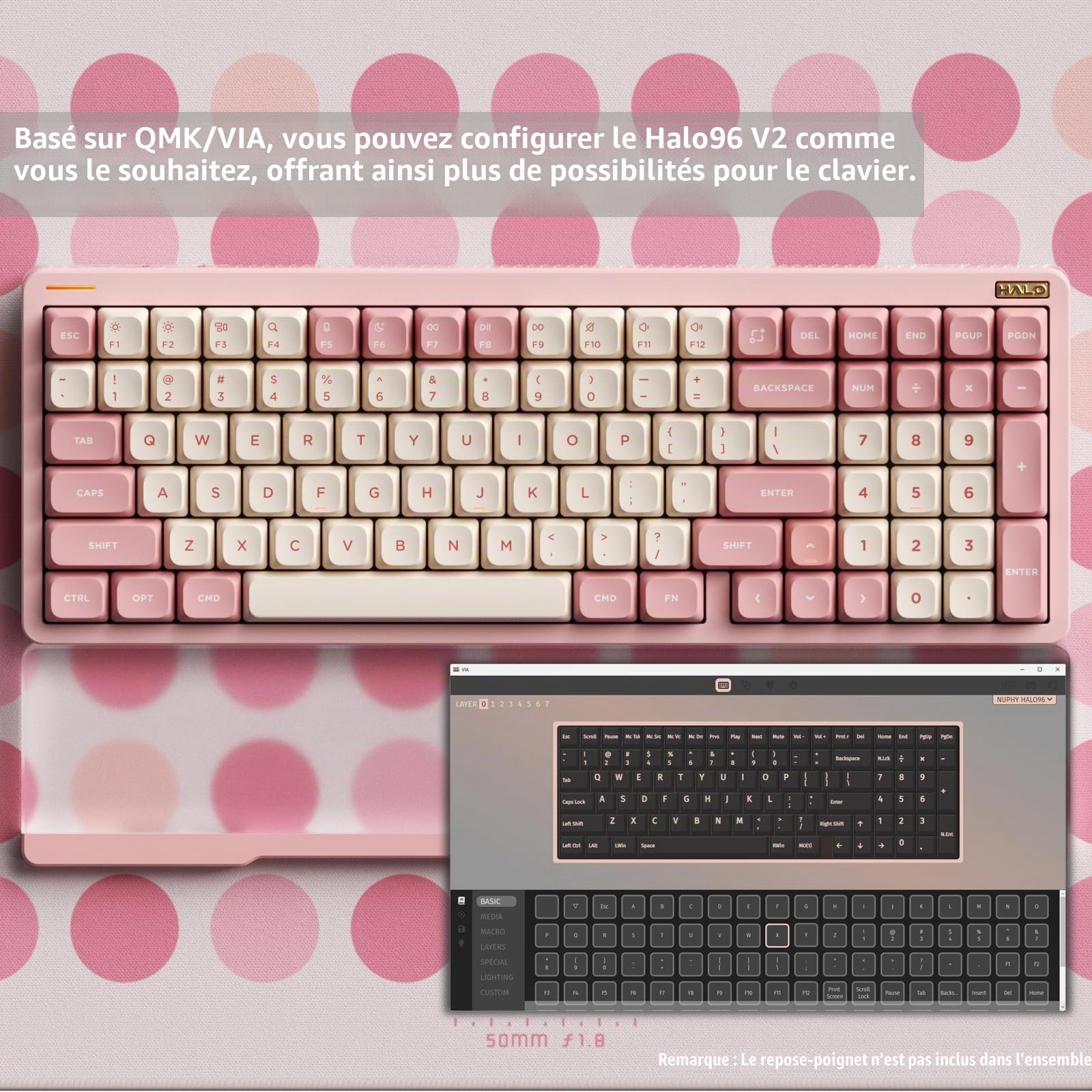 nuphy Clavier sans fil Halo96 V2, structure de joint, clavier de jeu remplaçable à chaud à 96 %, clavier mécanique rétroéclairé RVB 99 Kyes, prend en charge QMK/VIA, Bluetooth/USB-C/2,4 GHz-rose