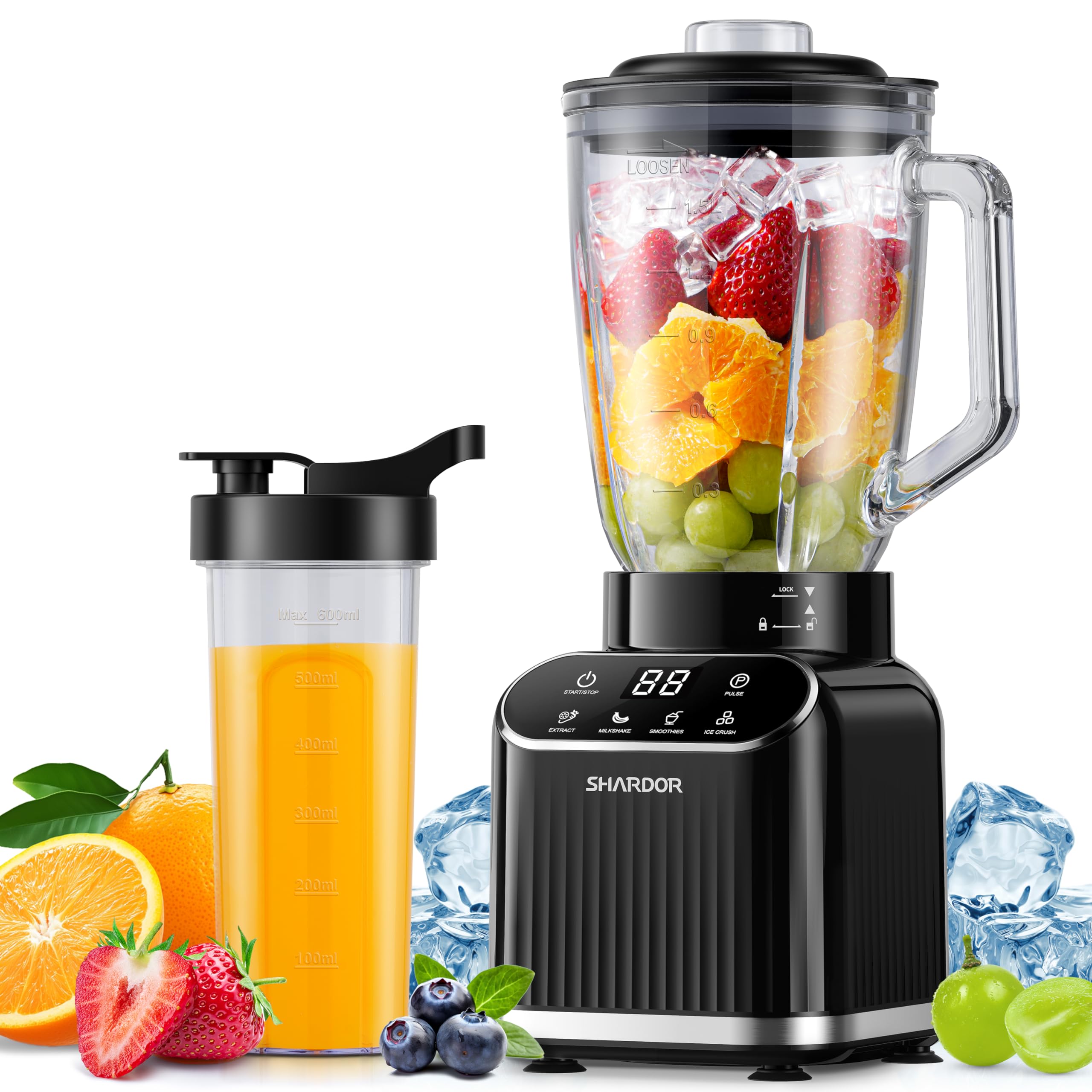 SHARDOR Blender for Kitchen, 1400W Peak Power Smoothie Blender with 1.5L Glass Jug and 700ml Travel Cup, 5 Programmes for Ice Crush, Frozen Fruit, Smoothies and Milkshakes, Black
