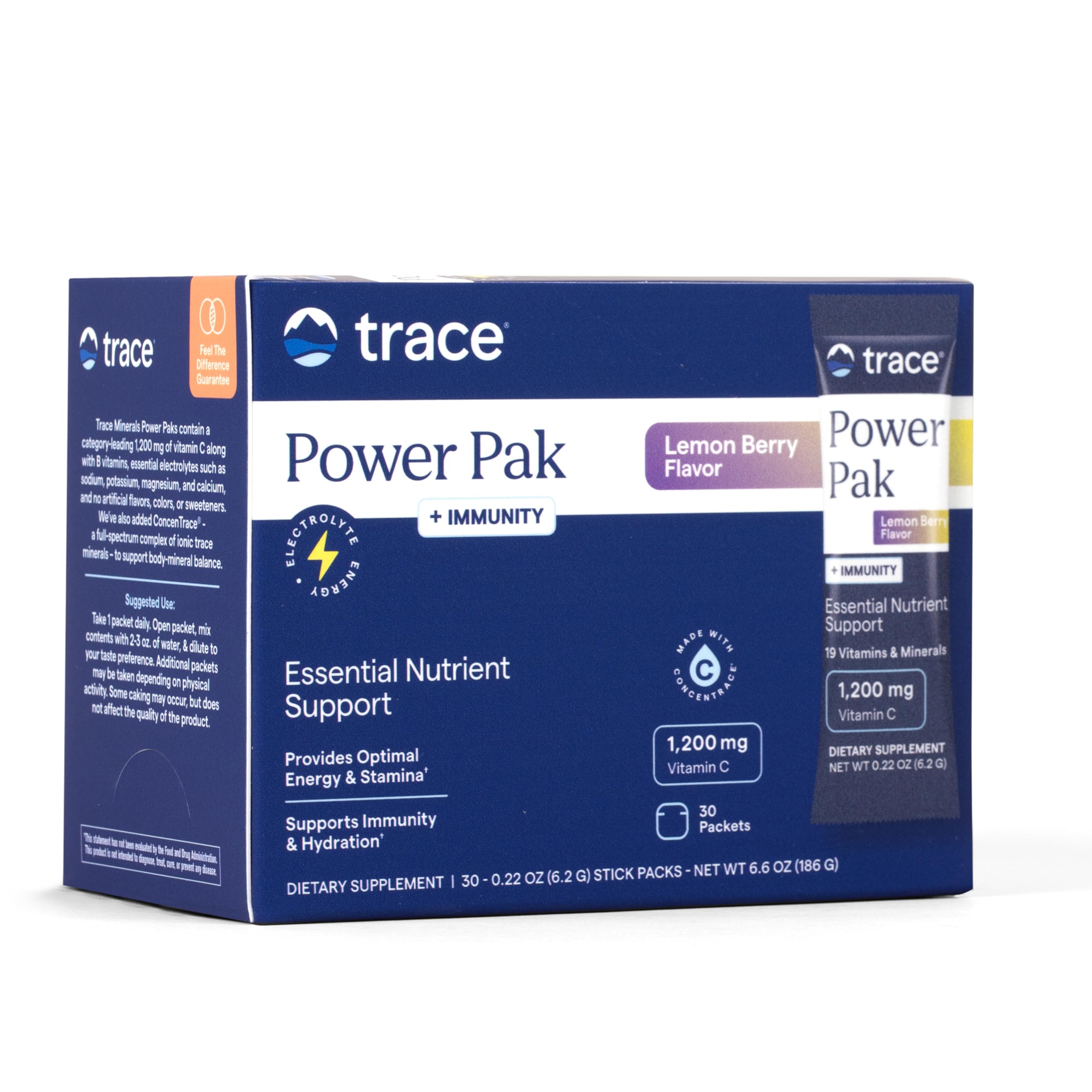 Trace Minerals Power Pak Multivitamin and Multimineral Packets - Electrolyte Support - 1200 mg Vitamin C Plus 70 Lemon Berry Flavor - 30 Packets