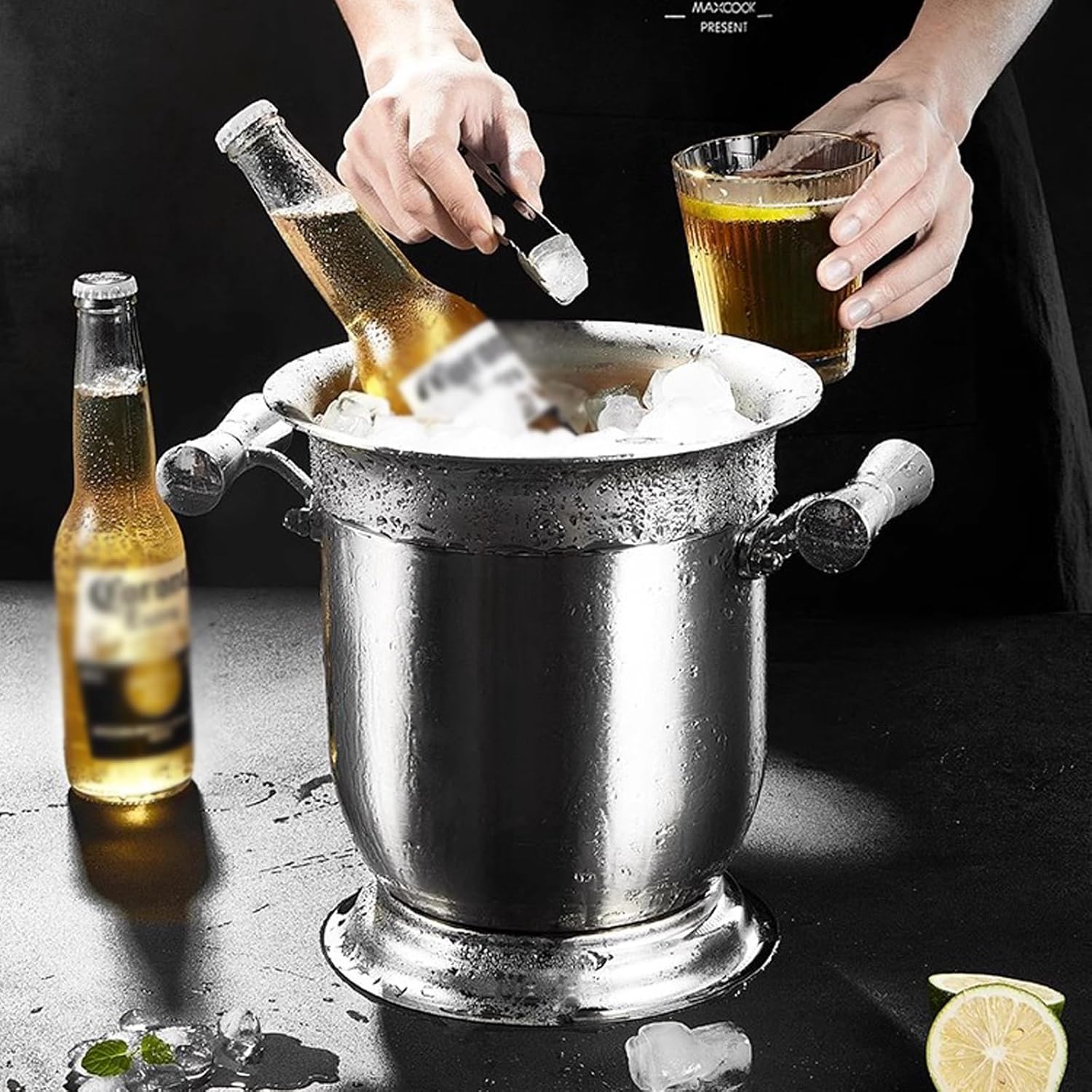 Ice Bucket Stainless Steel Ice Bucket 4L Thickened Wall Insulated with Handles on Both Sides Keep Frozen Longer Ideal for Cocktail Bar, Parties, Chilling Wine, Champagne Beverage Ice Tub